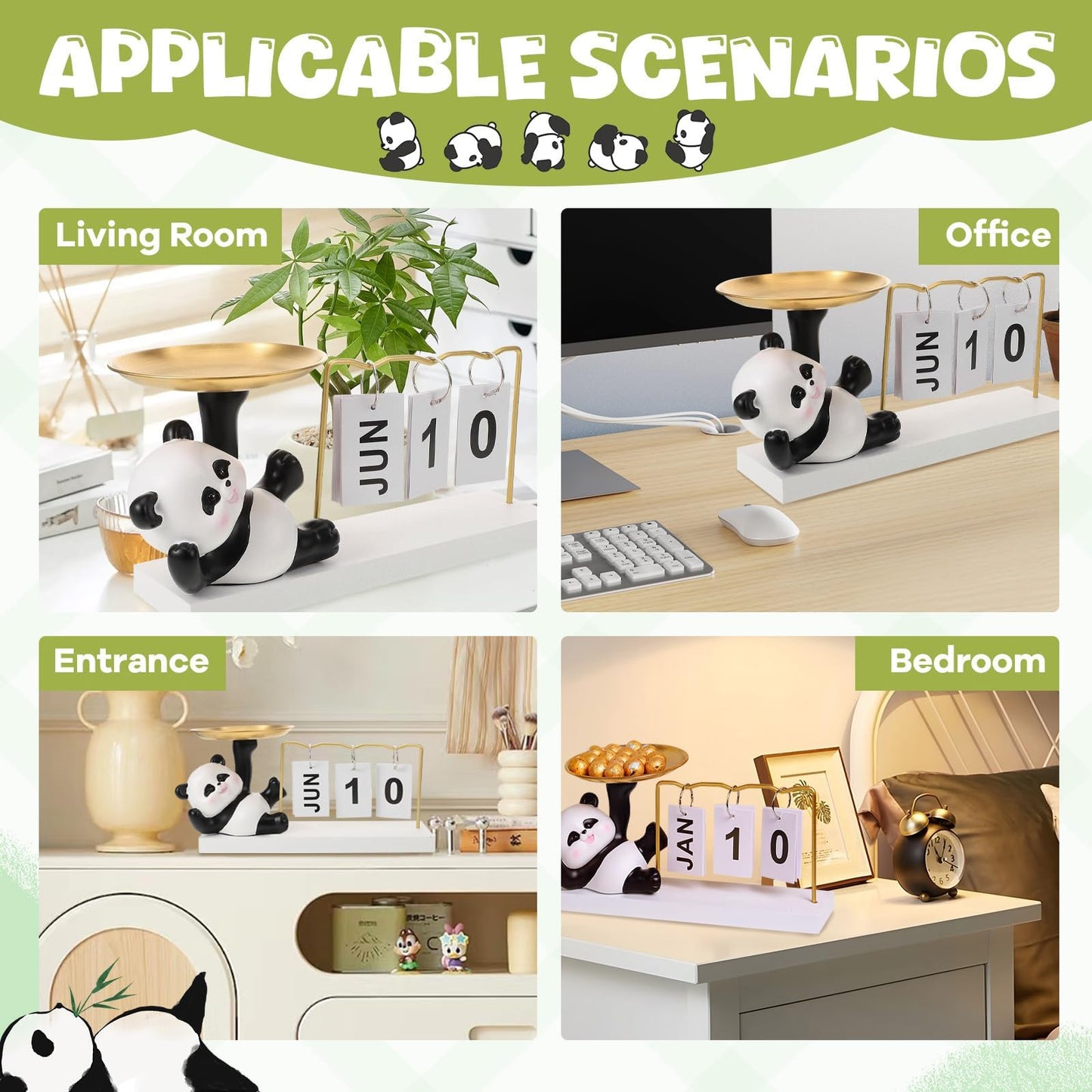 Cute Panda Metal Flip Calendar with Wooden Base,Daily Perpetual Desk Calendar with Organizer Tray,Reusable Modern Desktop Calendar for Home Office Desk Decor