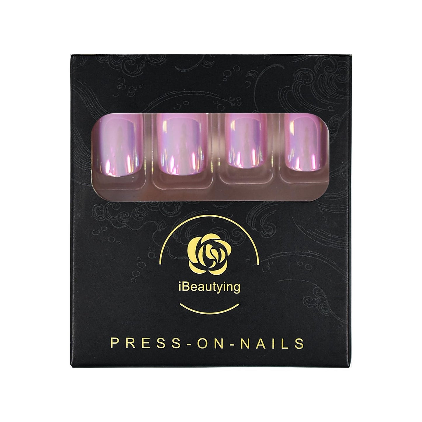iBeautying Press on Nails - Metallic Mirror Purple Pink False Nails | Punk Metal Chrome Finish Short Reusable Fake Nails 24pcs Kit with Jelly Glue Pad