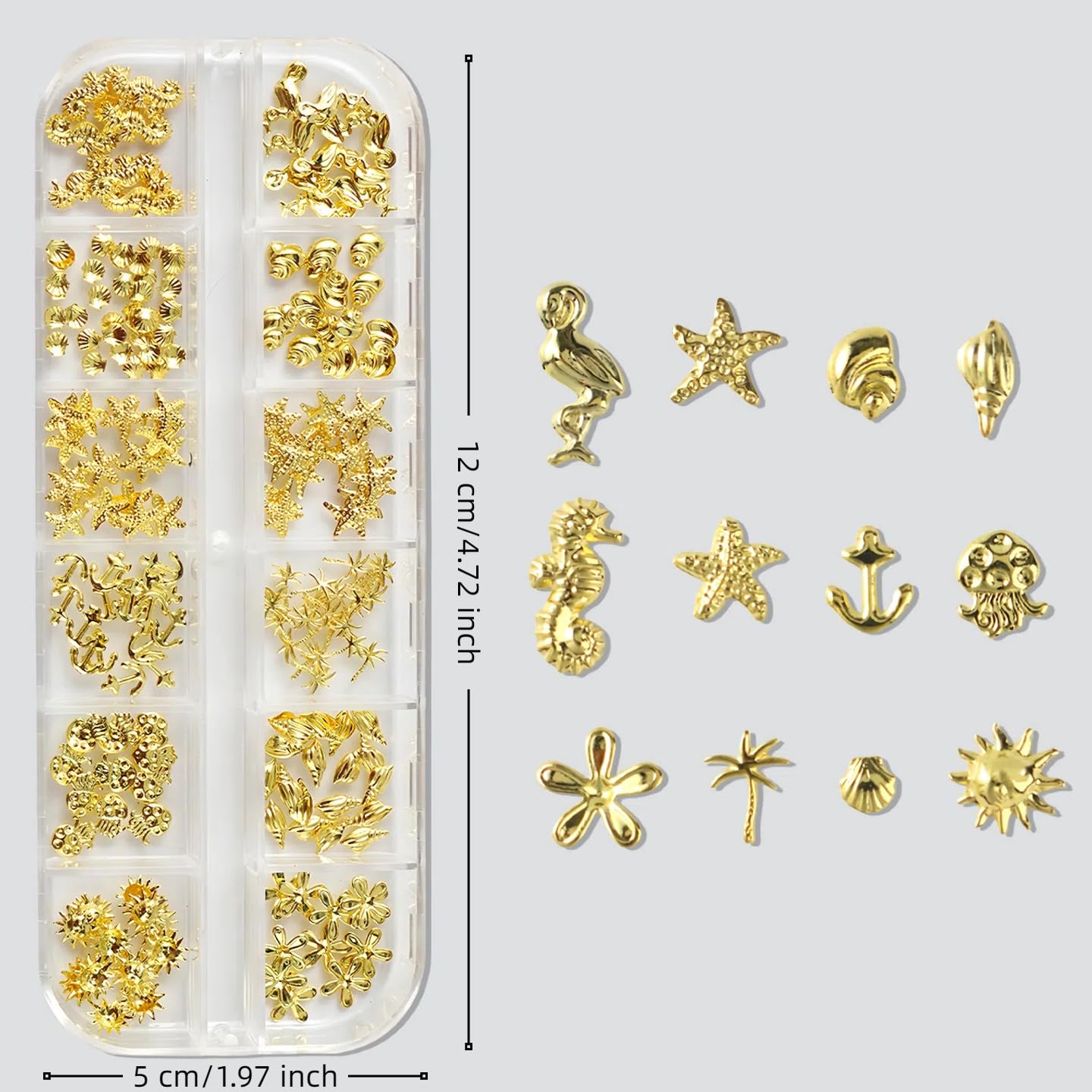 Gold Nail Charms Summer Ocean 3D Metallic Sun Flower Seahorse Jellyfish Starfish Nail Rhinestones Alloy Shell Coconut Tree Nail Jewelry Mixed Style Metallic Nail Rivets Nails Supplies for Women