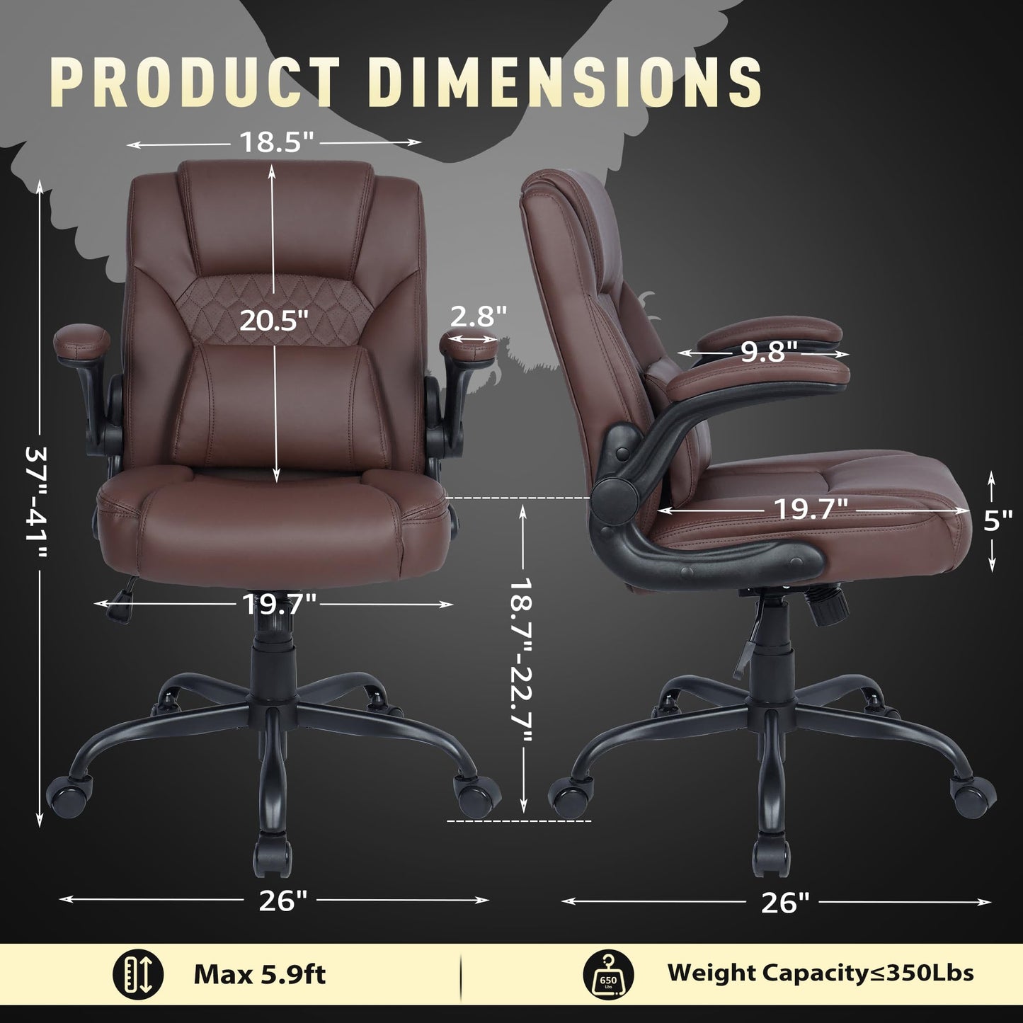 EGSEAT Home Office Chair with Lumbar Support, 5" Thickened Seat, Small PU Leather Rocking Desk Chair, Comfy Computer Chairs with Rolling Wheels & Adjustable Armrests for Adults, Brown