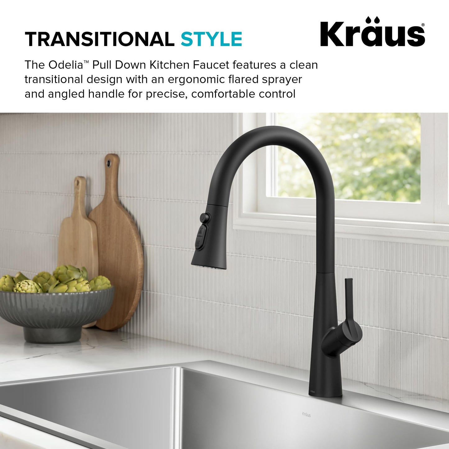 KRAUS Odelia 4-Function Single Handle Pull Down Kitchen Faucet in Matte Black with CleanSweep Blade Spray, KPF-3220MB