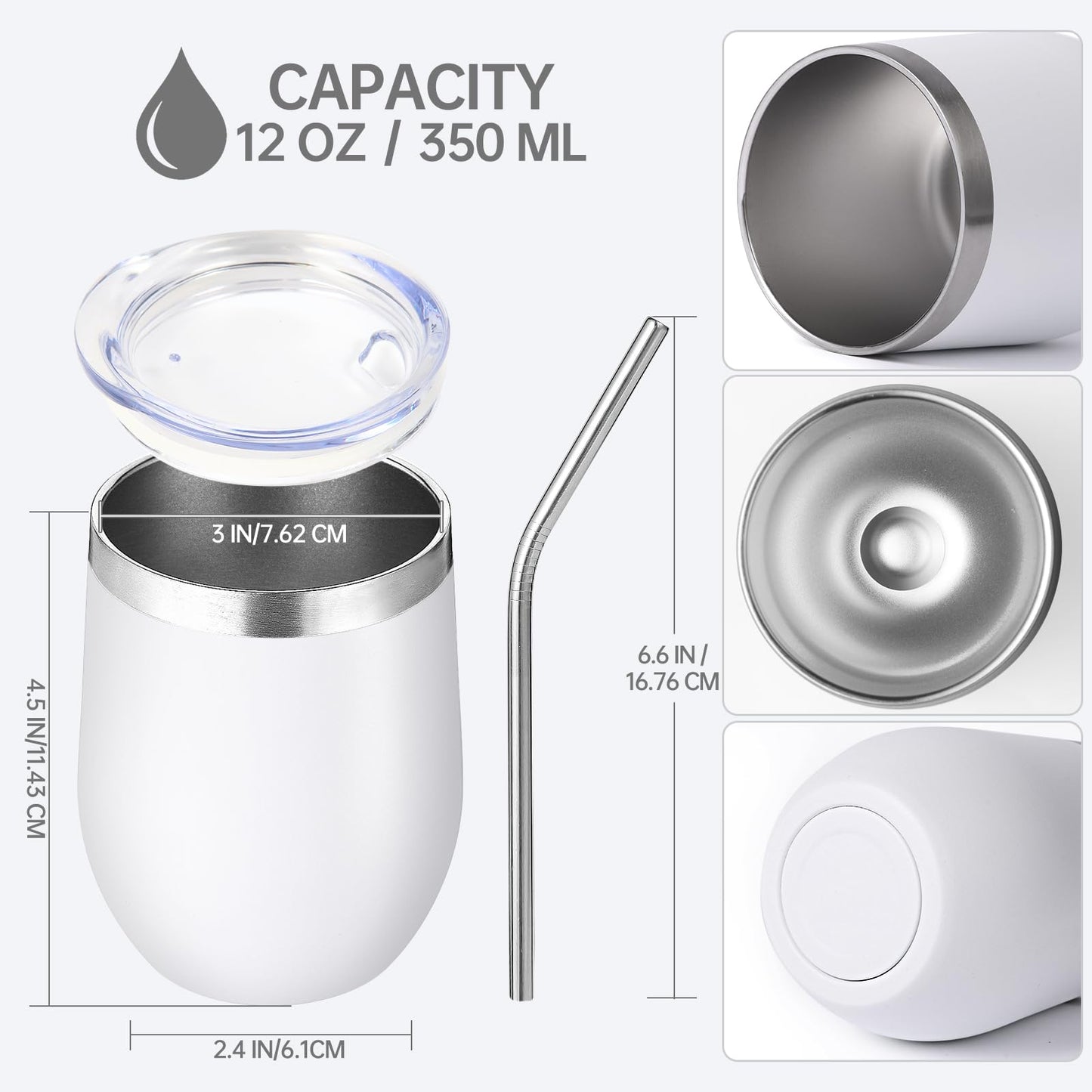 Volhoply 12oz Stainless Steel Wine Tumbler with Lid Bulk 24 Pack,Double Wall Vacuum Stemless Wine Glasses,Reusable Metal Travel Coffee Mug with Straw,Insulated Cups Gifts for Christmas(White,24 Set)