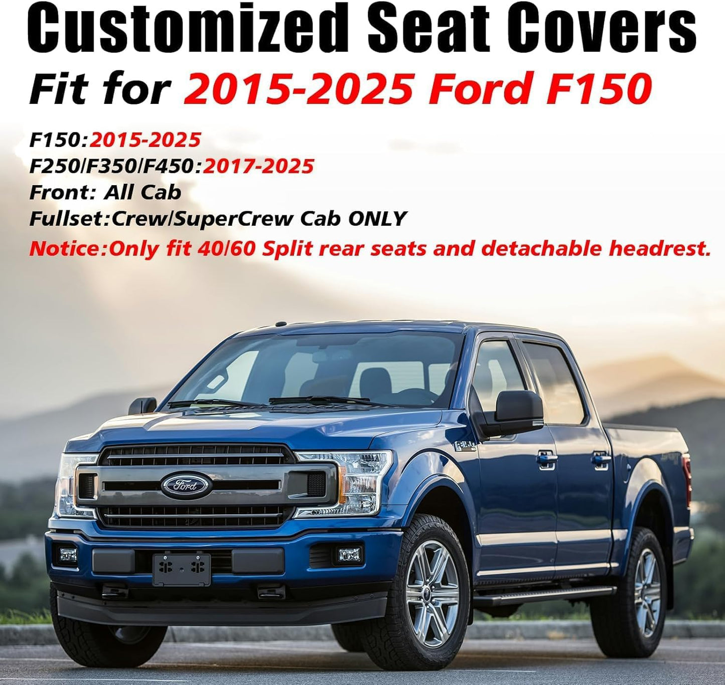 Coverado Waterproof Faux Leather Seat Covers Full Set for Ford F150 2015-2025 SuperCrew & F250 F350 F450 2017-2025 Crew Cab, Compatible with XL XLT Lariat King Ranch, Blue Interior Truck Accessories