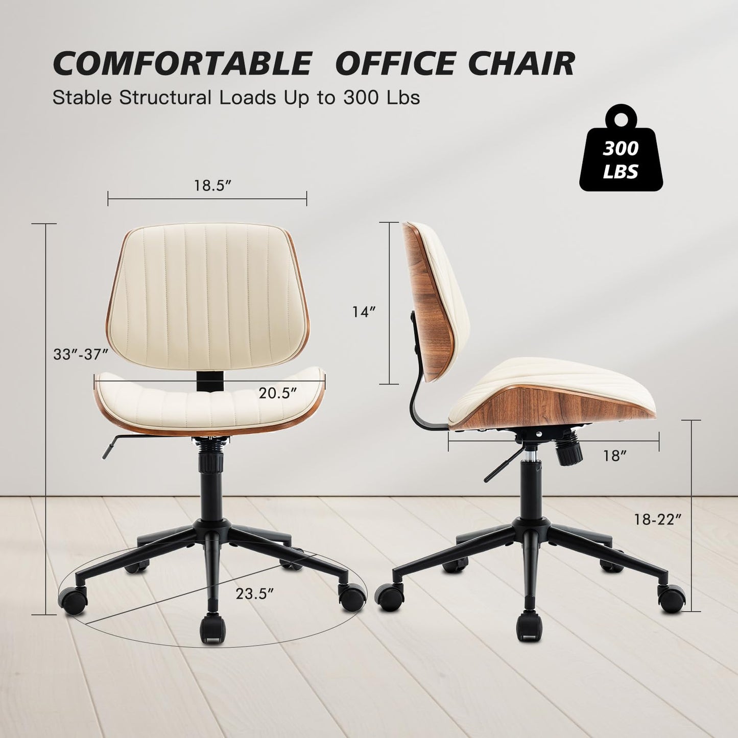 Rongbuk Armless Desk Chair with 360°Swivel Wheels, Ergonomic Adjustable Height Computer Chair for Home Office,PU Leather with Modern Walnut Drafting Chairs for Office, Reading Nook(Beige)