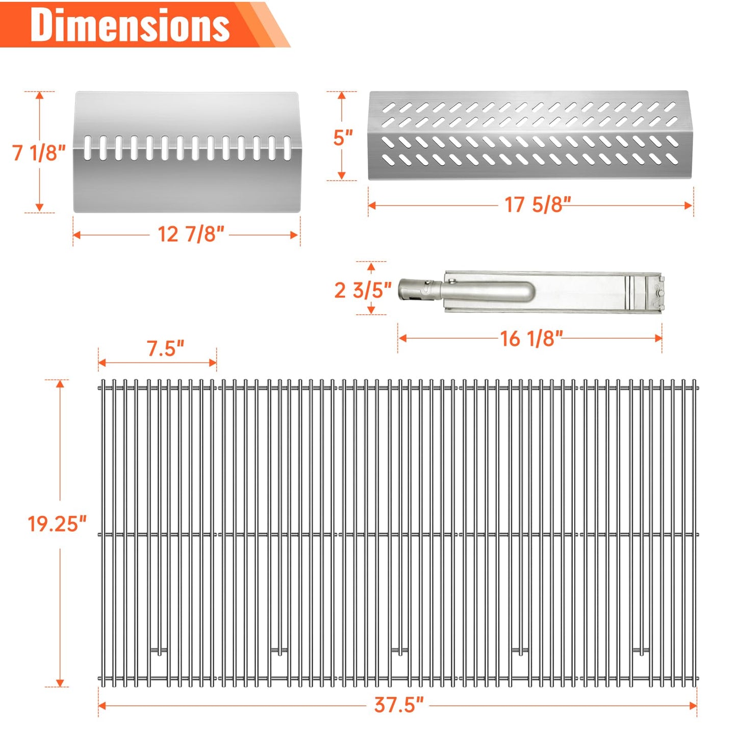 LPTNFRTN Stainless Steel 16631 Flame Tamer and 16520 Heat Plate Shield and 16516 Burners with 5Pack Cooking Grates for Bull Grill Replacement Parts,for Blaze Lion Cal Flame G Series 5 Burner Grill