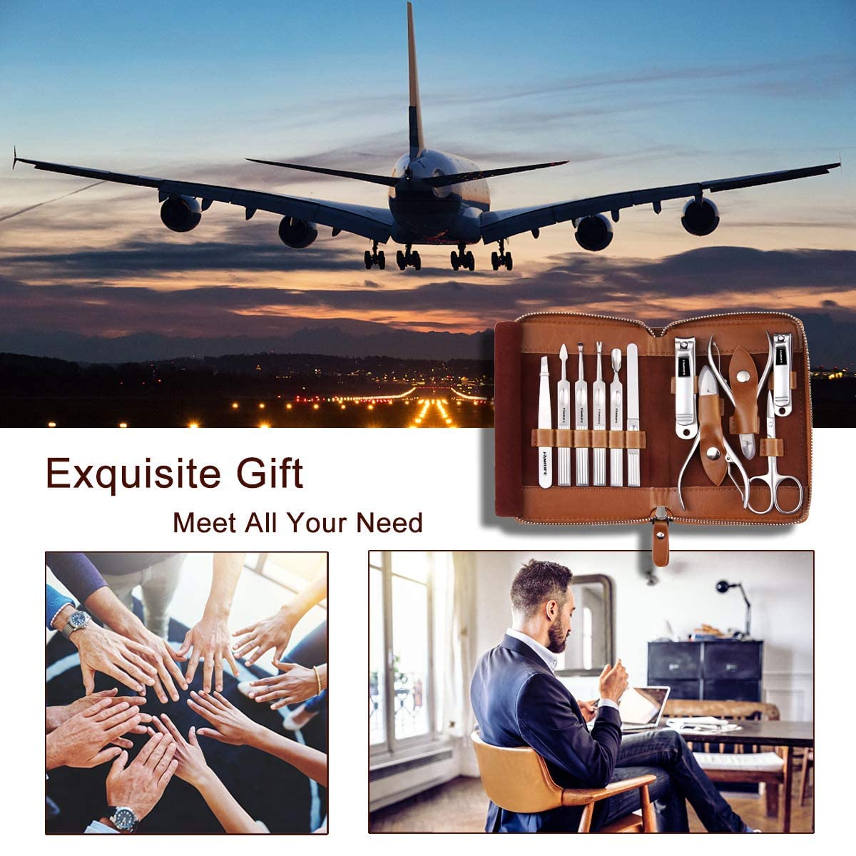 FAMILIFE F03 Manicure Set, Pedicure Kit Nail Clipper Set 13pcs Professional Men Grooming Kit and 11 in 1 Stainless Steel Pedicure Tools Kit Grooming Kit with Portable Brown Leather Travel Case