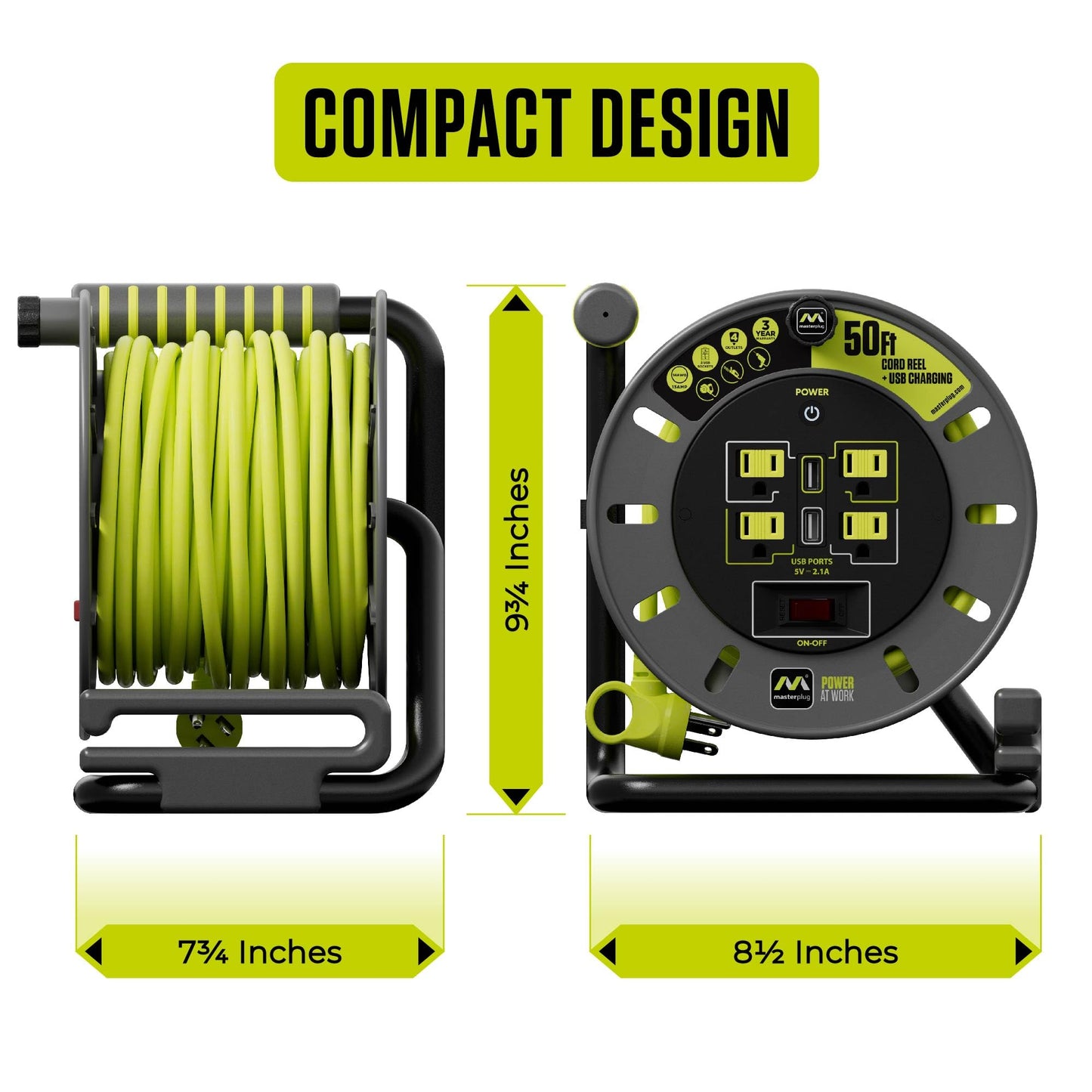 Masterplug 50ft Cord Reel, Retractable Extension Lead with Winding Handle, Safety Overload Circuit Breaker and Power Switch, 4X Grounded Outlets, 2X USB Ports, 13amps, 14AWG Cable