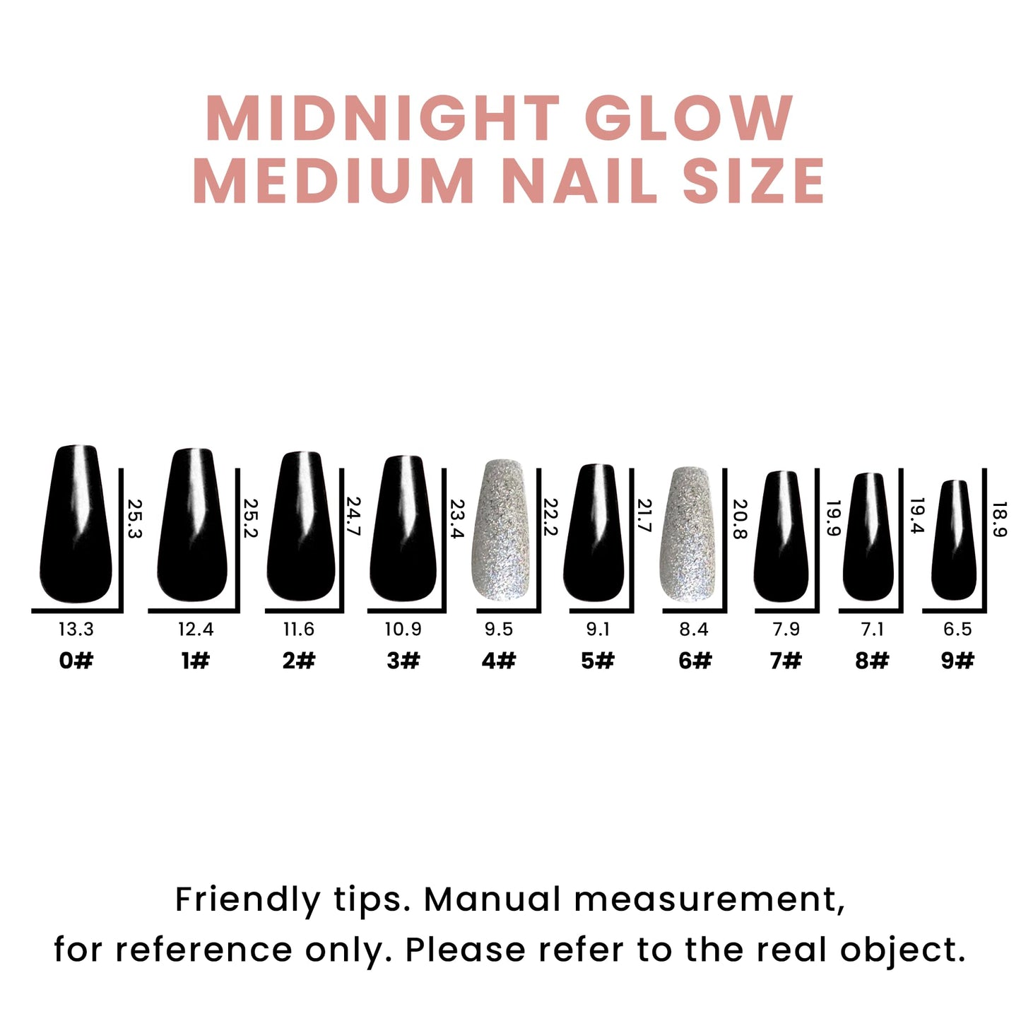 Allkem Press On Nails |Midnight Black Medium Long Tapered Ballerina 10 sizes - 20 pcs Coffin Nail Kit with Glue