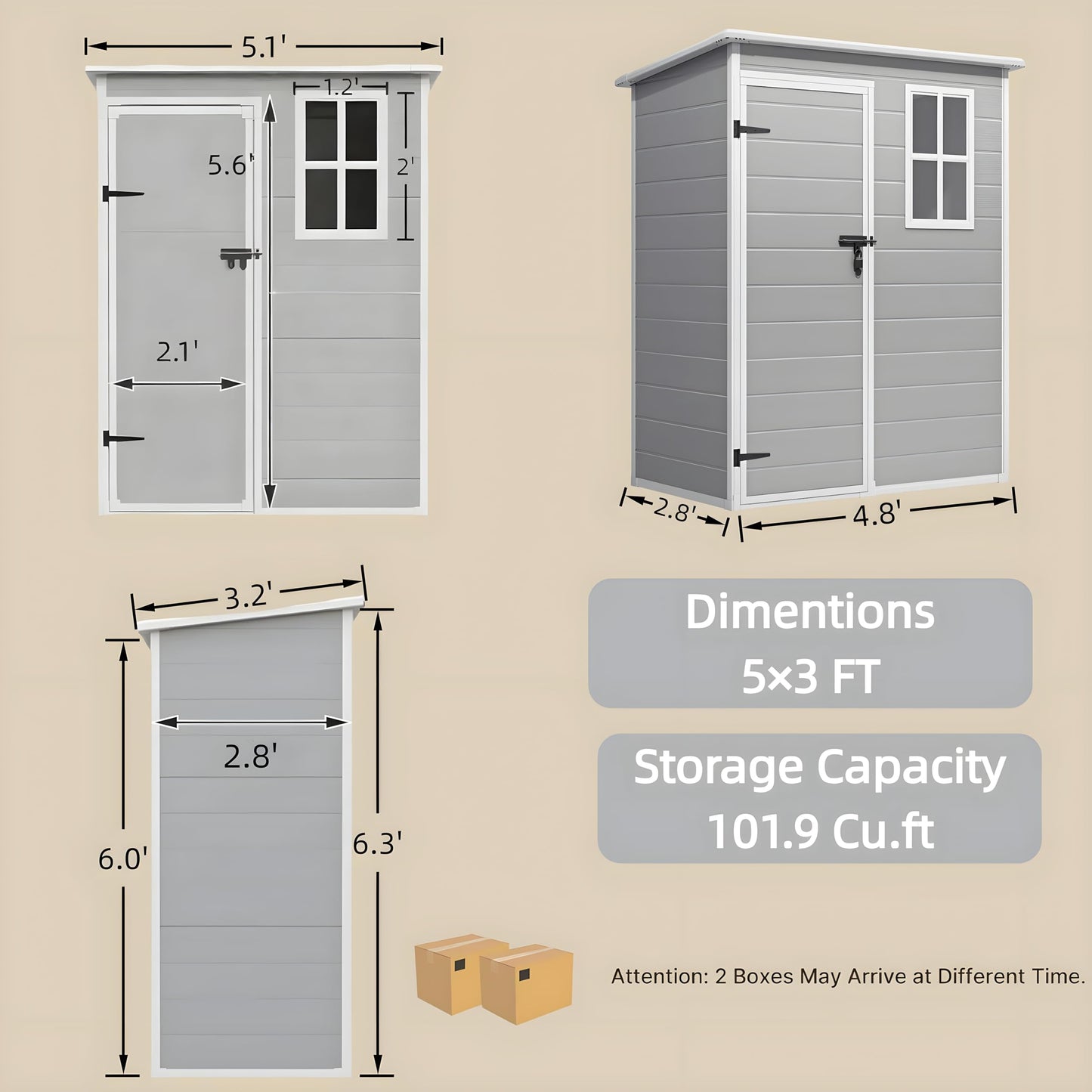 Gizoon 5x3 FT Resin Outdoor Storage Shed, Weather-Resistant Plastic Garden Tool Shed with Floor and Lockable Door for Backyard, Patio, Lawn, Grey