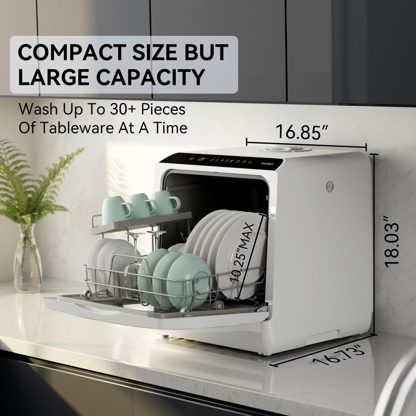 Hermitlux Portable Countertop Dishwashes, 5 Washing Programs Mini Dishwasher with 5-Liter Built-in Water Tank for Apartments & RVs, Tabletop Dishwasher with LED Light & Glass Door, No Hookup Needed