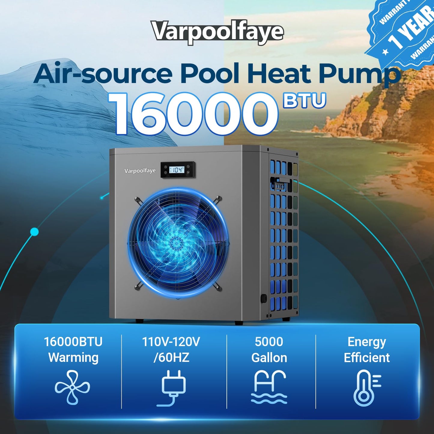 Varpoolfaye 5000 Gallon Electric Pool Heater Pump 16000 BTU Pool Heaters for Above Ground Pools Swimming Pool Heat Pump WiFi Control Heat Or Cool Spa Heater Pump 120v