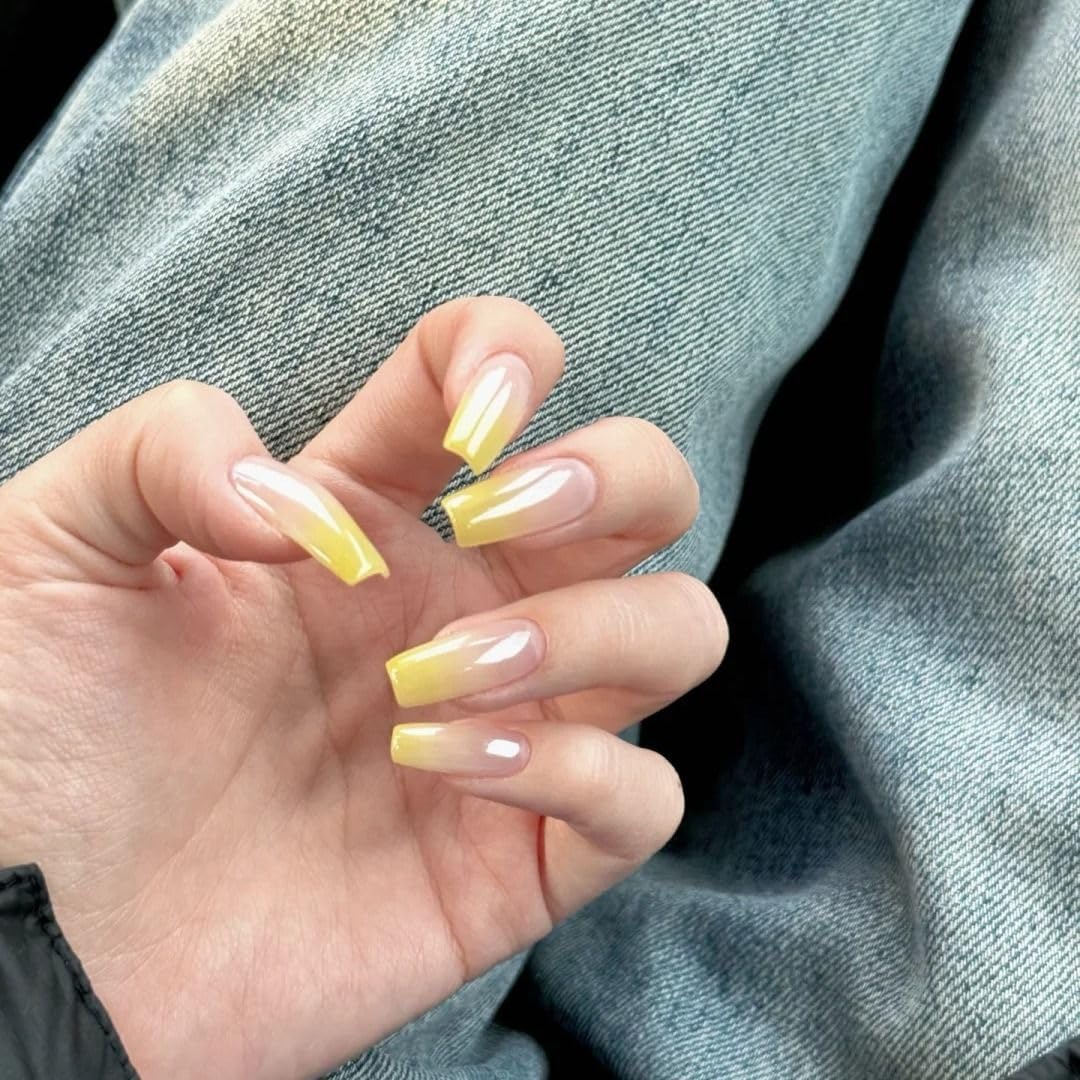 MIXNEX 10Pcs Press On Nails – Medium Long Coffin Mango Yellow Ombre Fake Nails for Petite Hands – Handmade Glossy Stick On Nail Tips with Storage Box & 5-in-1 Manicure Kit (Mango Yellow, Short)