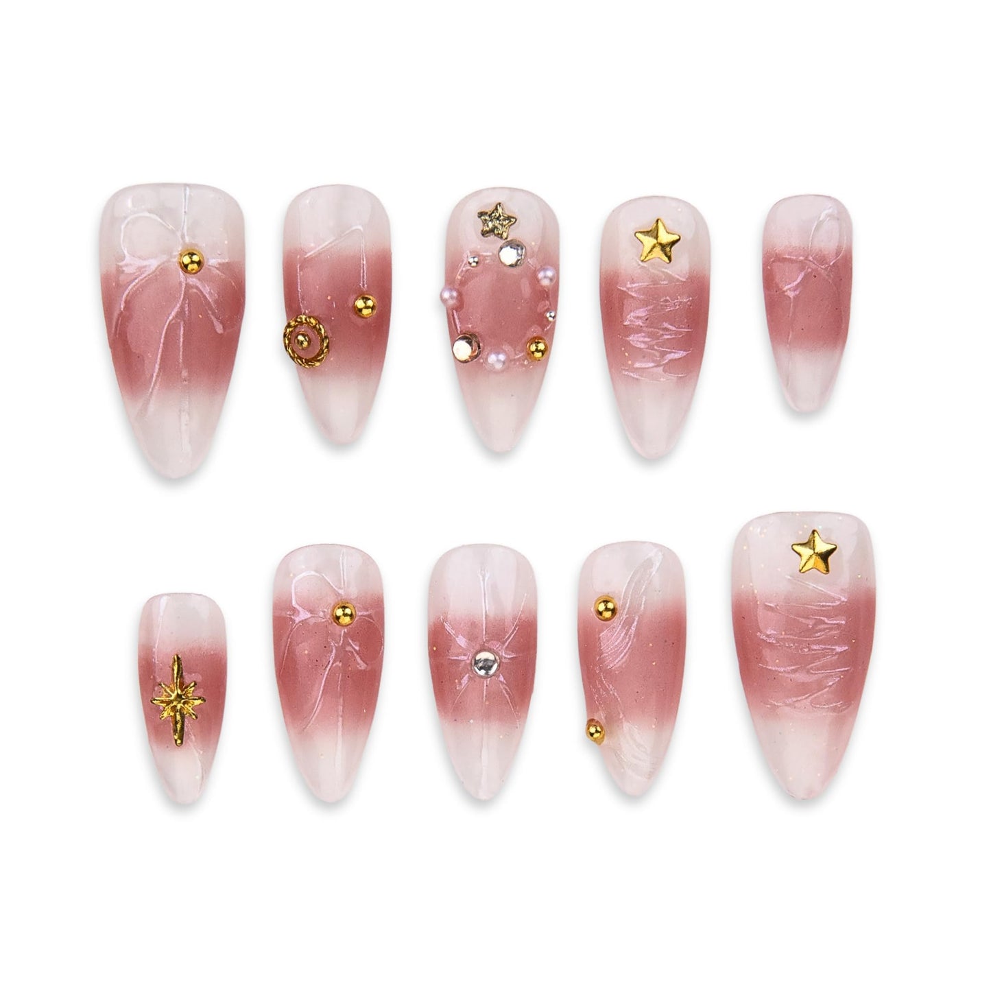 SIYOU Beauty | Sunset On The Waves | Pink and White Sunset Medium Almond Press On Nails for Women (Large) - Reusable, Salon-Quality Fake Nails (10pc)