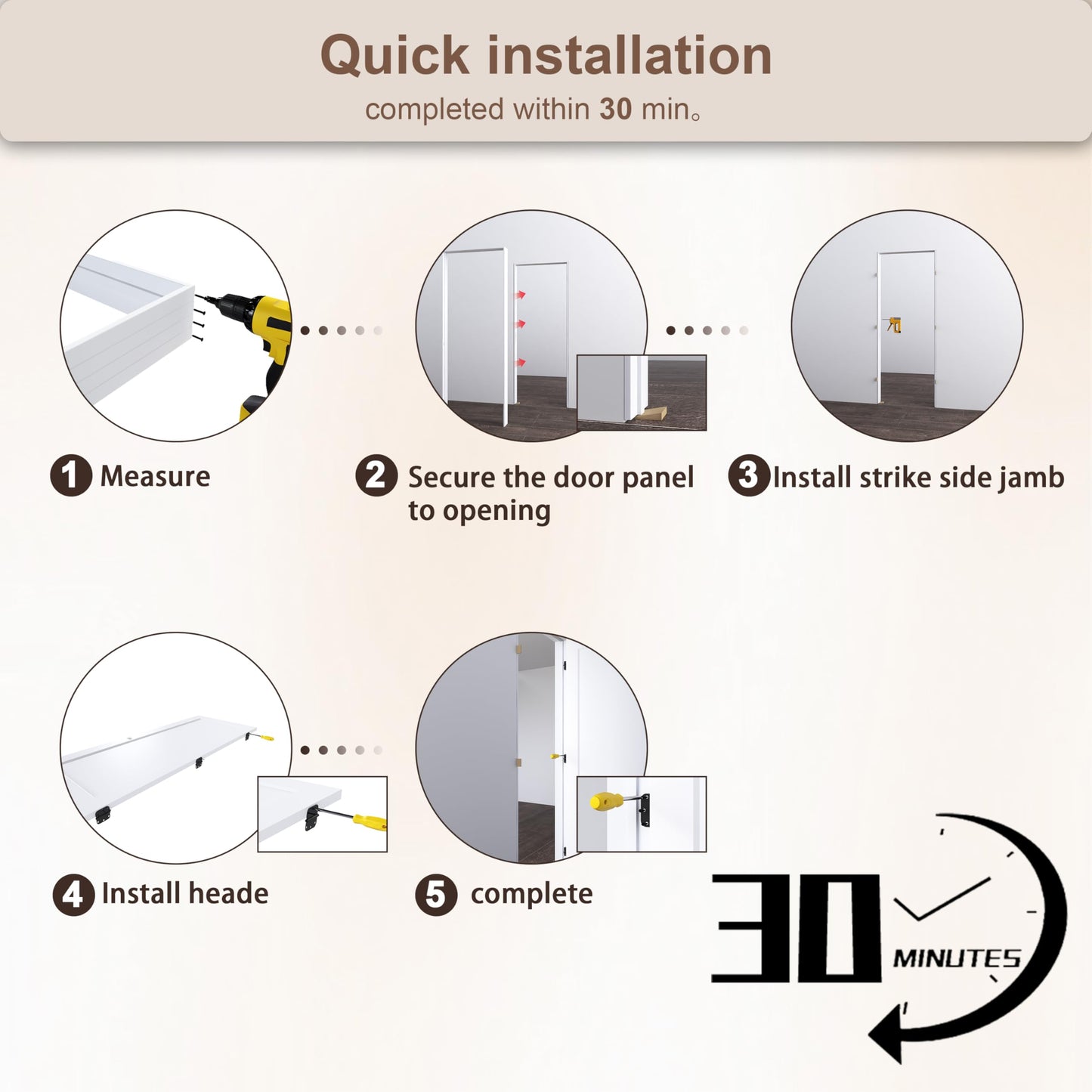 JUBEST 30"x80" Right-Hand Prehung Interior Door with Knock Down Jamb Kit & Matte Black Hinges, 1-Panel White Primed Hollow Core Molded Door Slab with Bore & Hinge Cutout, Durable & Sturdy, No Handle