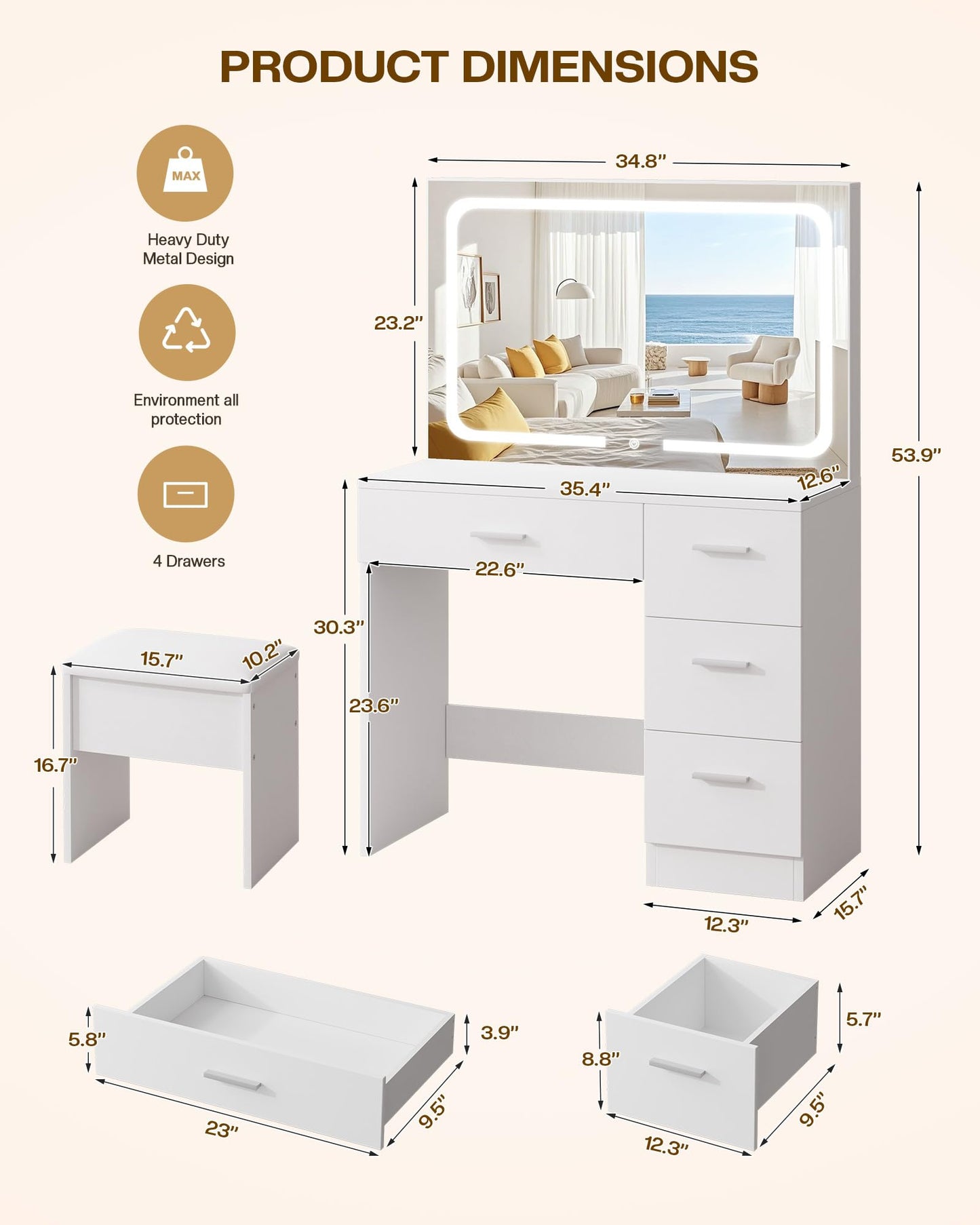 LIVELYGLOW Makeup Vanity Desk with Charging Station & LED Mirror – 35.4" Vanity Table with 4 Drawers, Hair Dryer Rack, & 3 Lighting Modes – Modern Bedroom Furniture (15.7"D x 35.4"W x 53.9"H), White