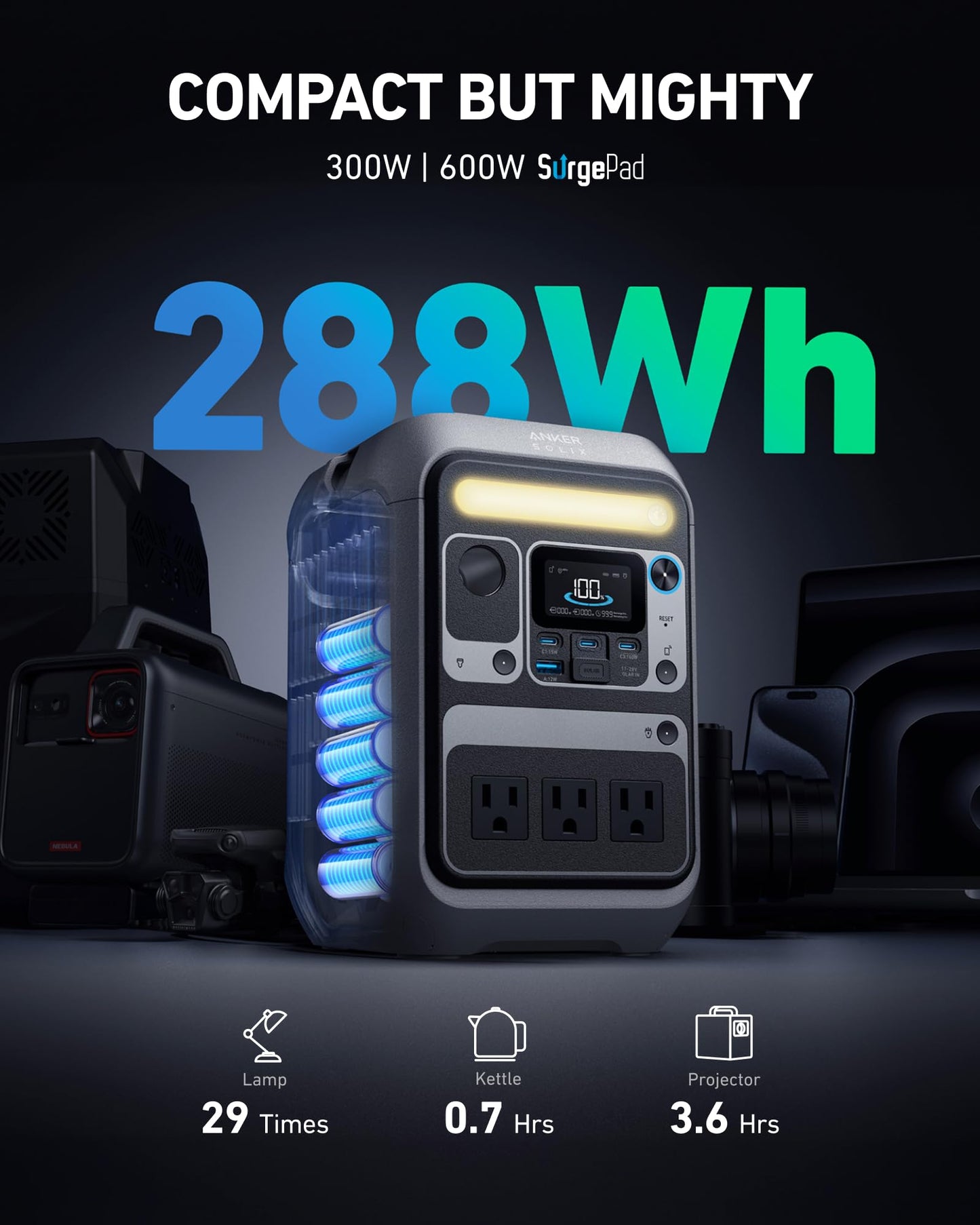 Anker SOLIX C300 Portable Power Station with Car Charging Cable, Outdoor 288Wh LiFePO4 Battery, 300W (600W Surge) Solar Generator, 140W Two-Way Fast Charging, for Camping, Traveling, and Emergencies.