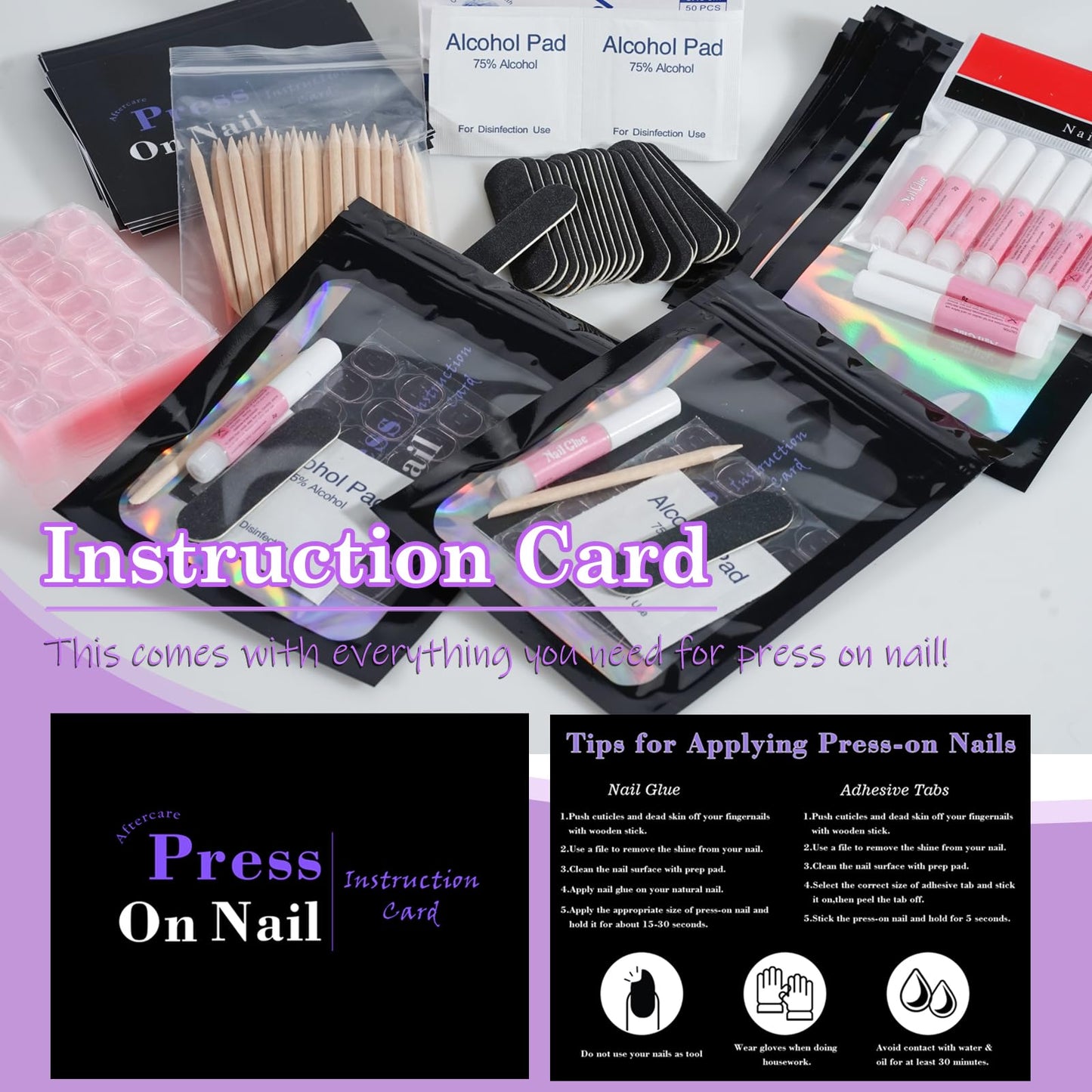 Disposable Nail Supplies Kits,Professional Manicure Press On Nail Tool Kit With Nail File,Adhesive Tabs,Nail Glue,Sticks, Prep Pads,Bags,Cards for Nail Business (Black-350pcs50set)