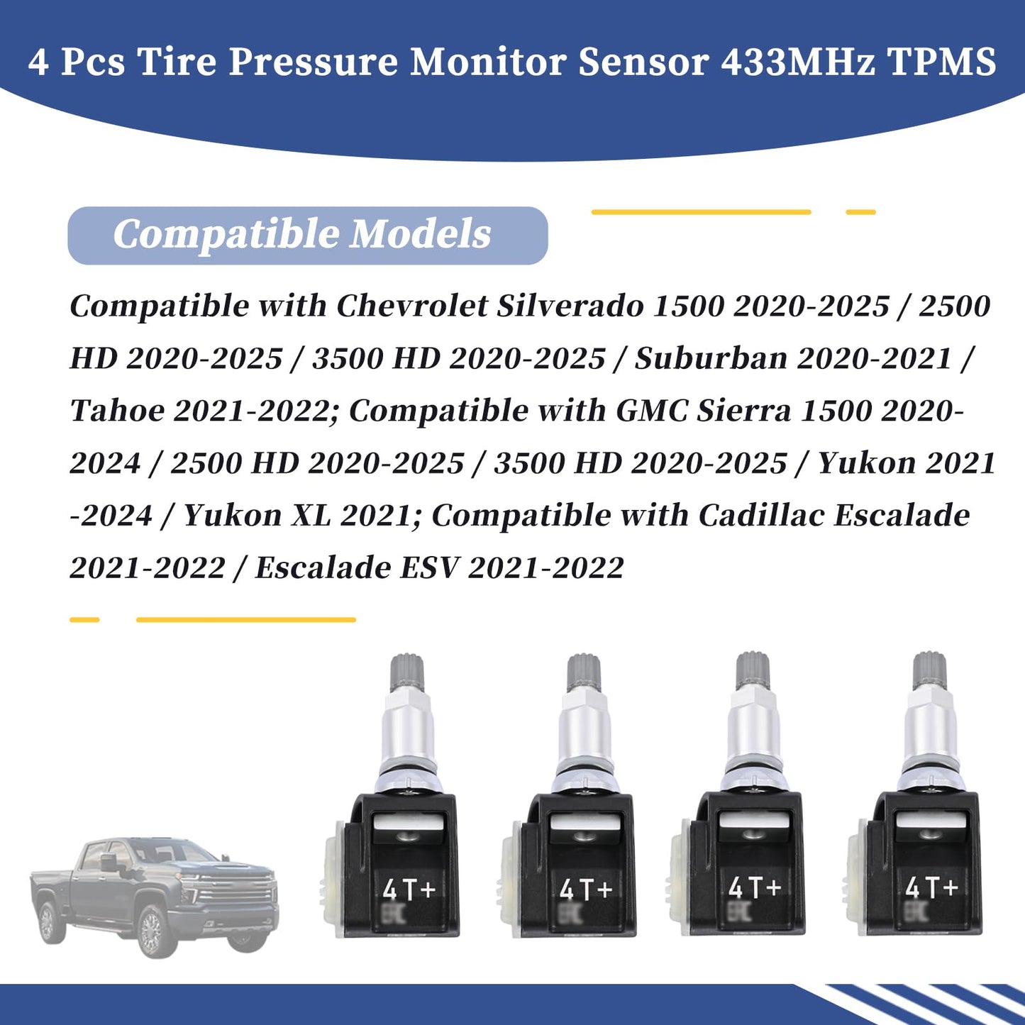 Getfarway 4 Pcs Tire Pressure Monitor Sensor 433MHz TPMS 13545366 Fit for GMC Chevrolet Cadillac Sierra Silverado Suburban Tahoe Yukon Escalade 2019-2025 86803857 84338125 85110397
