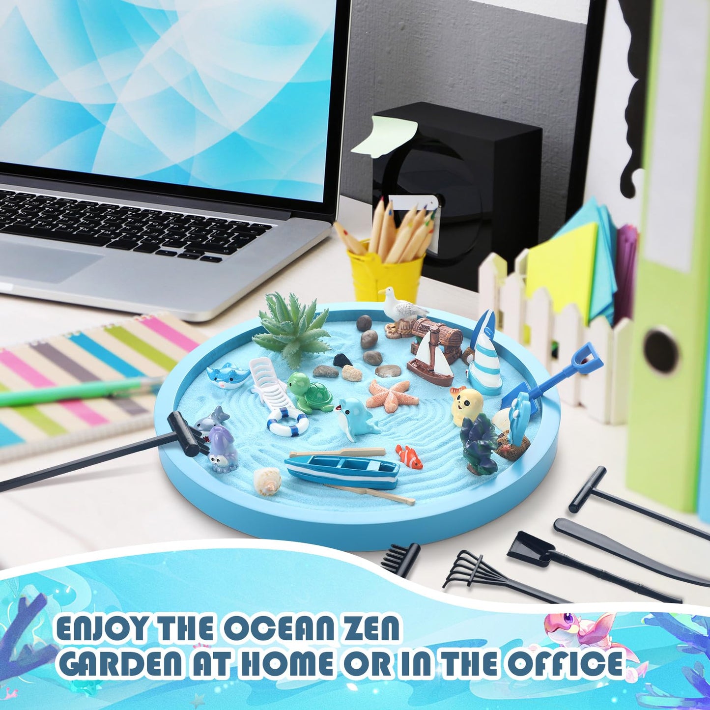 Halloscume Zen Garden Gift for Desk 36 Pcs Beautiful Japanese Beach Sea Decor Zen DIY Set with Ocean Decorative, Tools Blue Tray, Sand for Home, Office Desk Accessories (Including Gift Box)