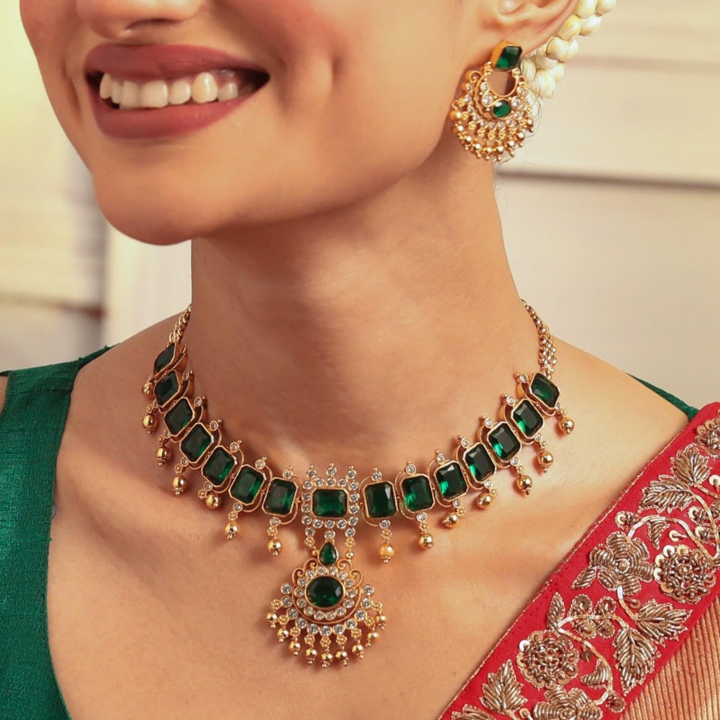 TARINIKA Green and White Cubic Zirconia(CZ) Indian Necklace Set with Earrings, Gold Plated Brass Fashion Indian Jewelry Gift for Women Bollywood Costume Jewellery (Emerald Shine CZ)
