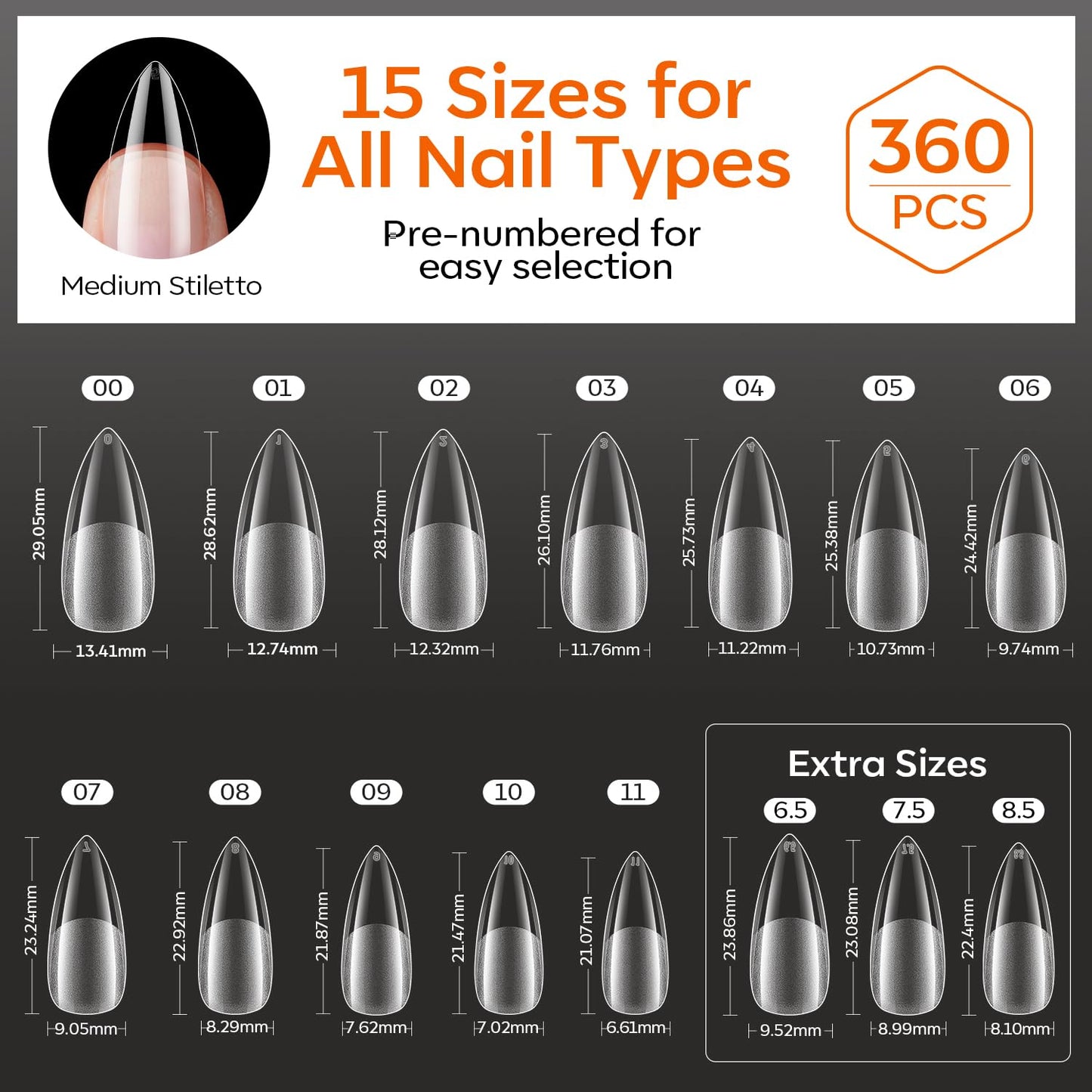 modelones Medium Stiletto Nail Tips, 360pcs Pre-etched Clear Fake Nails Stiletto Press On Full Cover Half Matte 15 Sizes Acrylic Gel Tips for Extension Salon