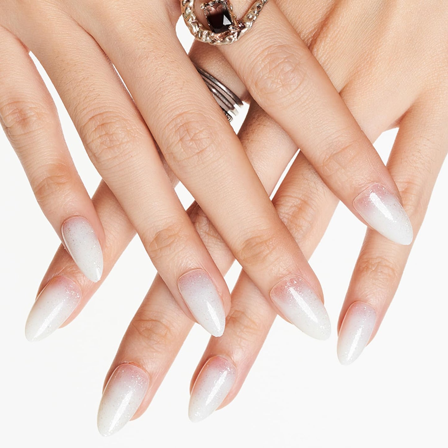 GLAMERMAID Nude Pink Press On Nails Short Almond, Handmade Jelly Soft Gel Nails Round Oval Fake Nails, Translucence Milk White Gel Nails Short Oval Natural Pure Medium Stiletto Stick Glue on Nails