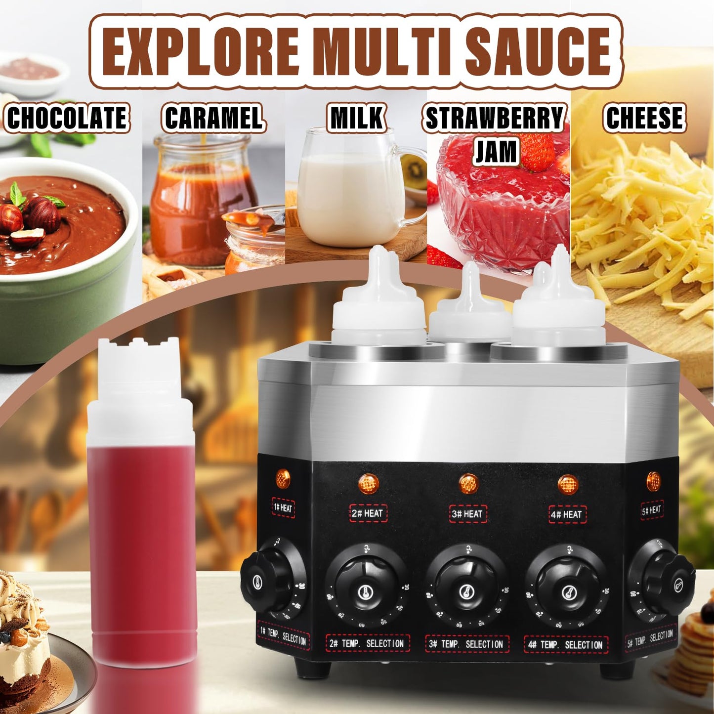 YOOKTEN Commercial Electric Sauce Warmer Dispenser 0.68x5 Qt Hot Chocolate Nacho Cheese 86-185℉ Heater Hot Fudge with Bottles Adjustable
