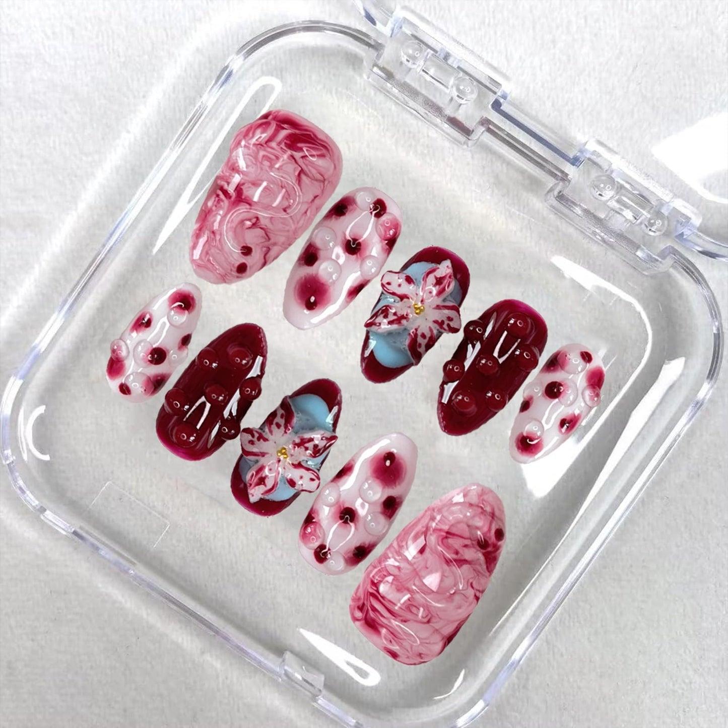 Handmade Press on Nails Medium Almond Fake Nails Press Ons Red 3D Luxury Charm Flower Full Cover Stick on Nails Rhinestone Glue on Nails Floral for Women Girls (Painting Water S)