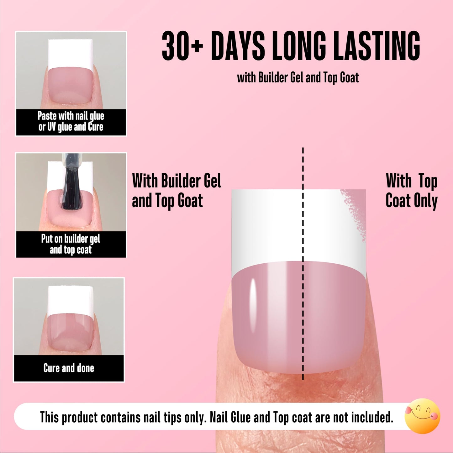 NOVO OVO Old School Wide White French Short Sharp Square Tip Nail Tips Press on BERRY PINK, Need Builder Gel Top Coat Nail Glue, Soft Gel Full Cover Fake Nail Extension, for DIY x 15 Sizes 240 pcs