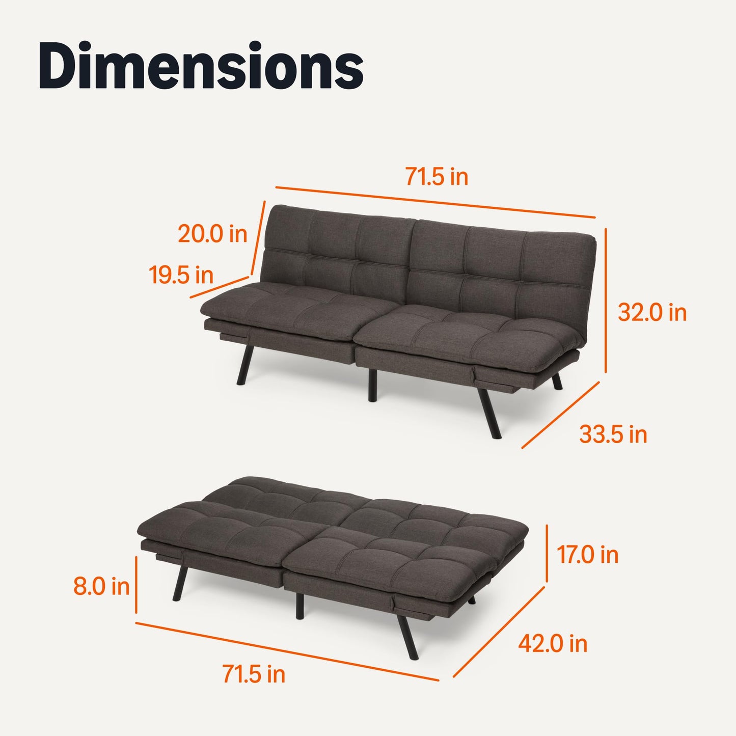 Amazon Basics Futon Sofa Bed, Convertible Memory Foam Sofa Couch with Adjustable Positions for Small Living Room, Office, Apartment, Dark Grey Linen Fabric