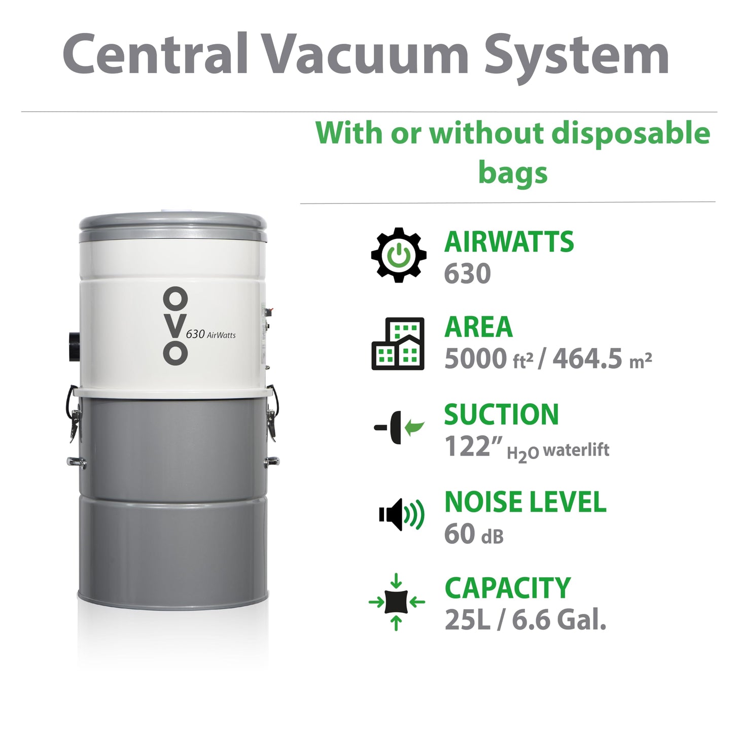 OVO Large and Powerful Central Vacuum System, Hybrid Filtration (with or Without Disposable Bags), 25L or 6.6 Gal, 630 Airwatts + 30 ft Premium Deluxe Accessory Kit