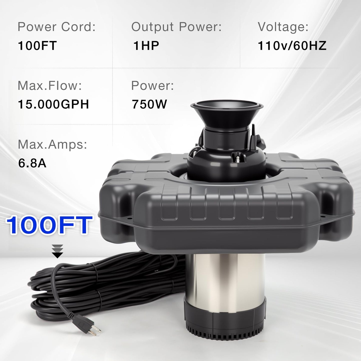 Ceelpeopar Stainless Steel Metal Pond Fountain Aerator, 1HP 110V 15000 GPH Fountain Pump, 100 FT Power Cord, Automatic Aerating Fountain Pump with Programmable Timer for Outdoor Large Ponds & Lakes