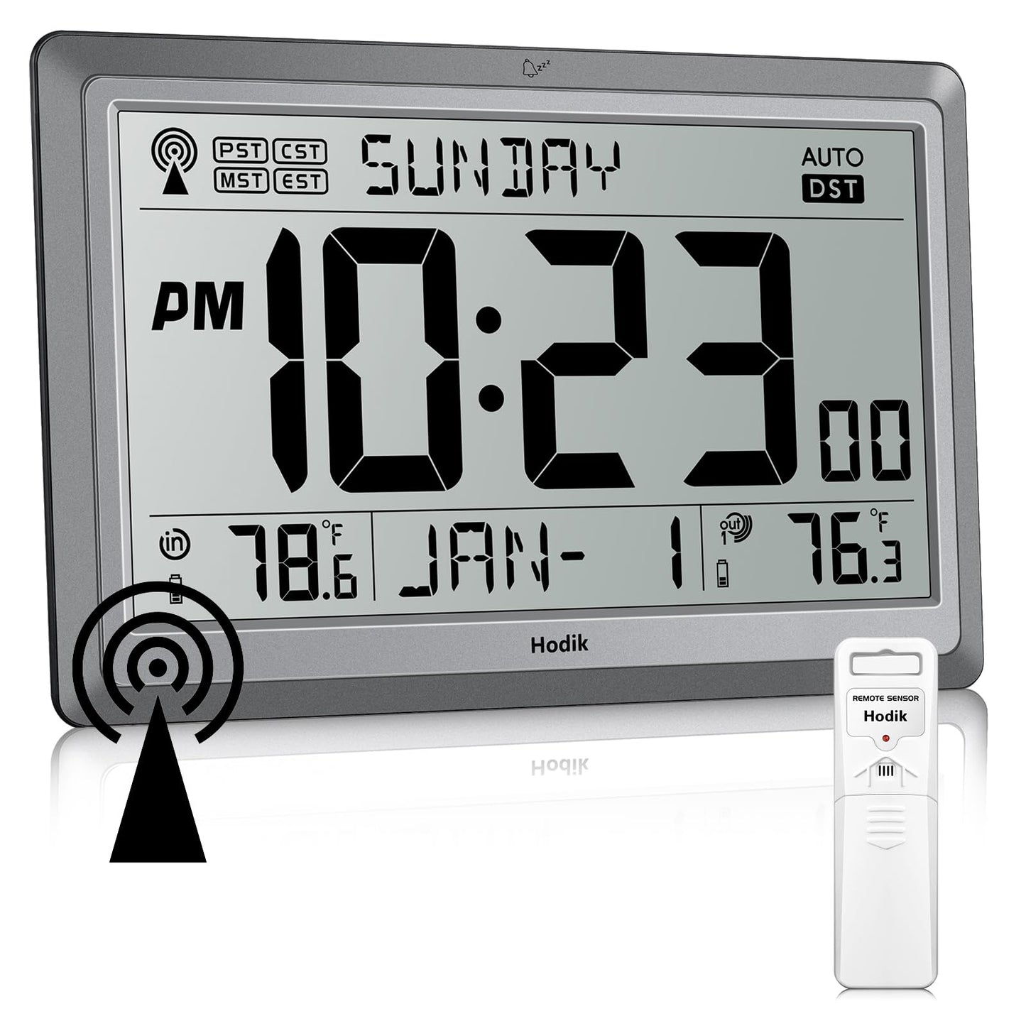 HODIK Wall Clock Atomic with Indoor Outdoor Temperature Battery Powered, Easy Reading with 10.5 Inch LCD Display, 330FT Range Table Wall Clock with DST, 12/24 Hour for Living Room Kitchen (Silver)