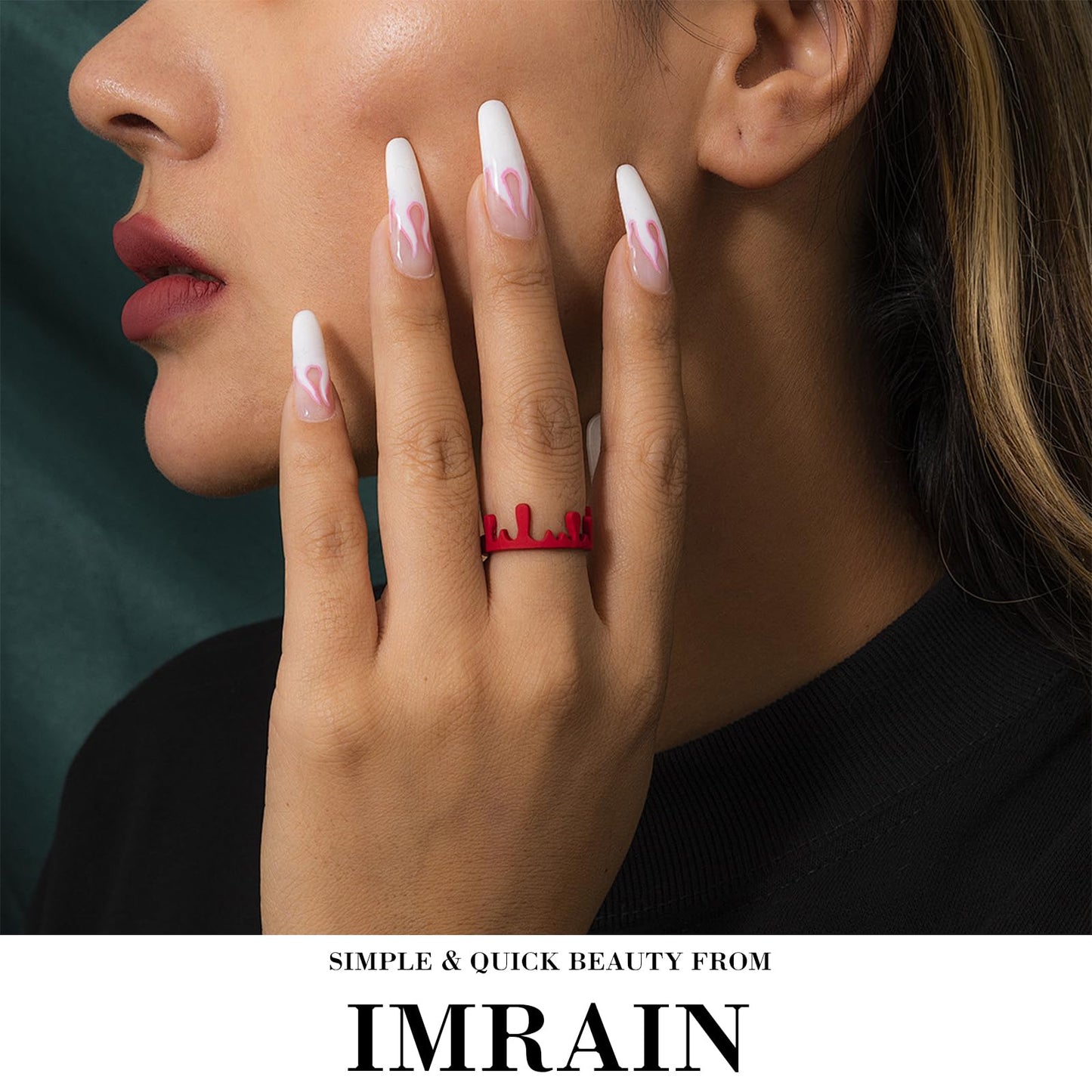 IMRAIN Press on Nails Medium Length Almond Fake Nails Red Silver False Nails with Star Designs Full Cover Glossy Acrylic Gothic Nail Supplies Stick on Nails Art Decoration for Women