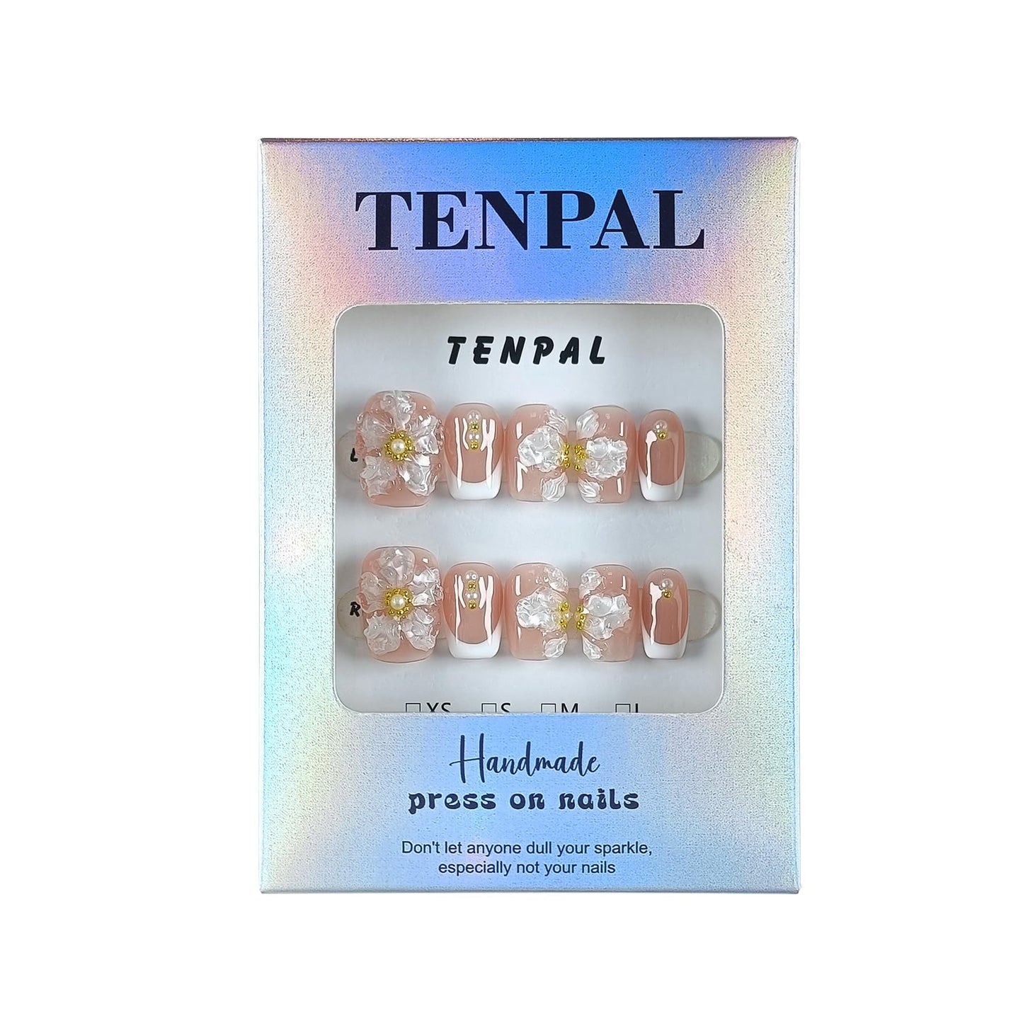 TENPAL Press On Nails with Tools Kit,Nude French 3D Floral Embossed Short Round Square False Nails,White French Glue on Nail,Chinese Style Ice Gel Reusable Fake Nails for Daily Wedding Party 10Pcs(S)