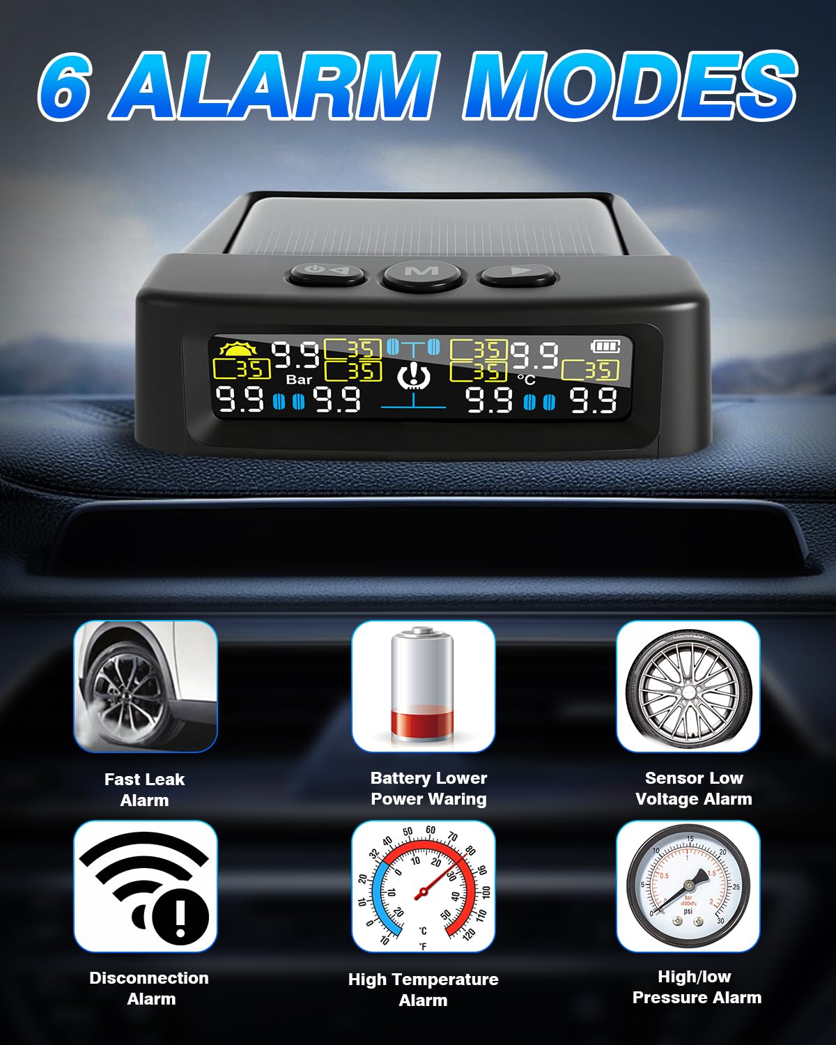 RV Tire Pressure Monitoring System, TPMS Tire Pressure Monitor System with Solar Charge or USB, TPMS with 6 Sensors Trailer Tire Pressure Monitoring System Real-Time Display Tire Pressure Monitor