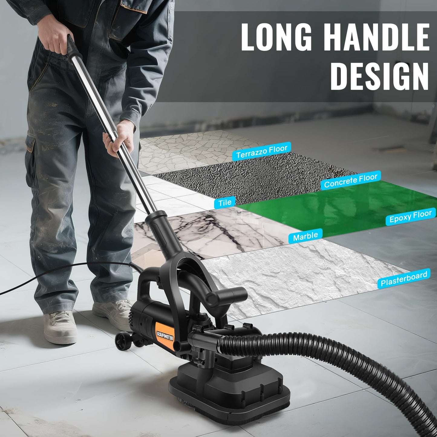 4-Head Concrete Grinder Set with Long Handle & Dust Extraction Shround, 4'' 3800W 6000RPM Concrete Floor Grinder Concrete Surface Planer 6 Gears & Auxiliary Wheels for Grinding Concrete Cement Marble