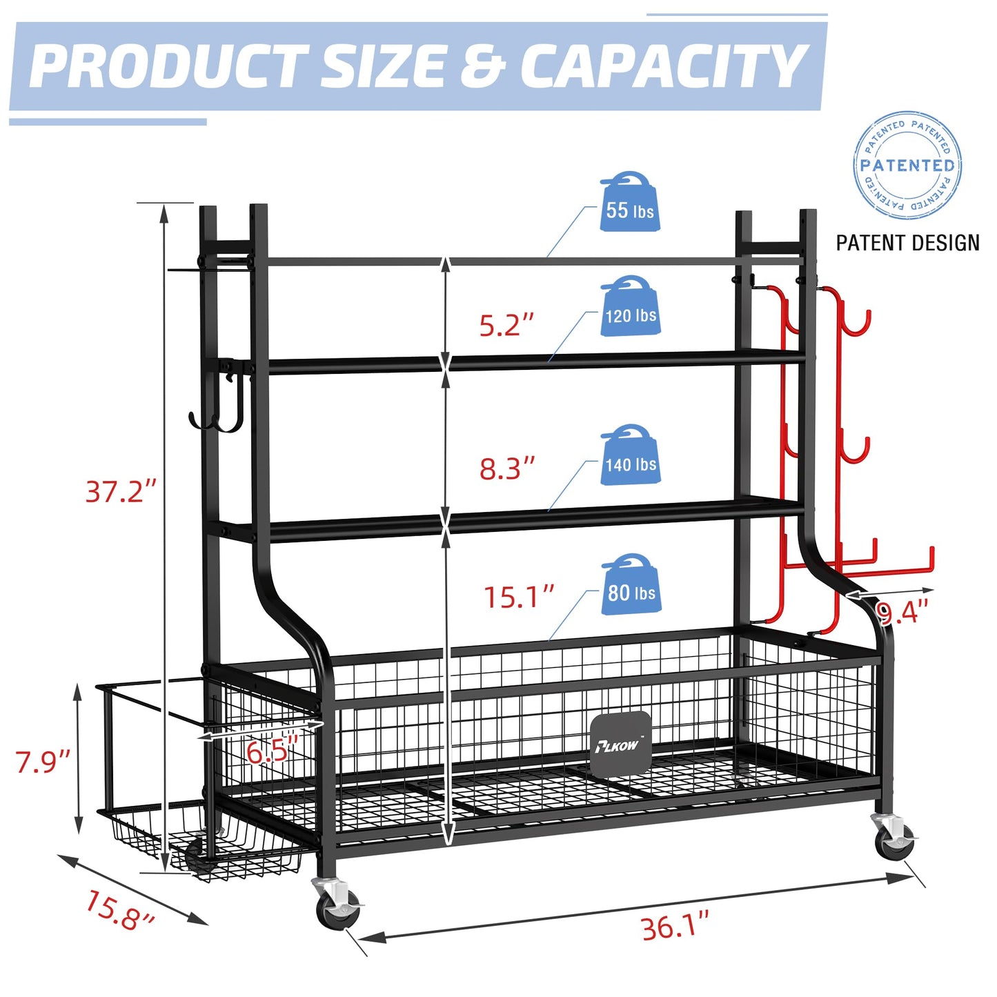 PLKOW Extra Wide Dumbbell Rack, Upgraded Weight Rack for Dumbbells Kettlebells Yoga Mat and Balls, Heavy Duty Home Gym Storage with Wheels and Hooks, Large Capacity Workout Organizer