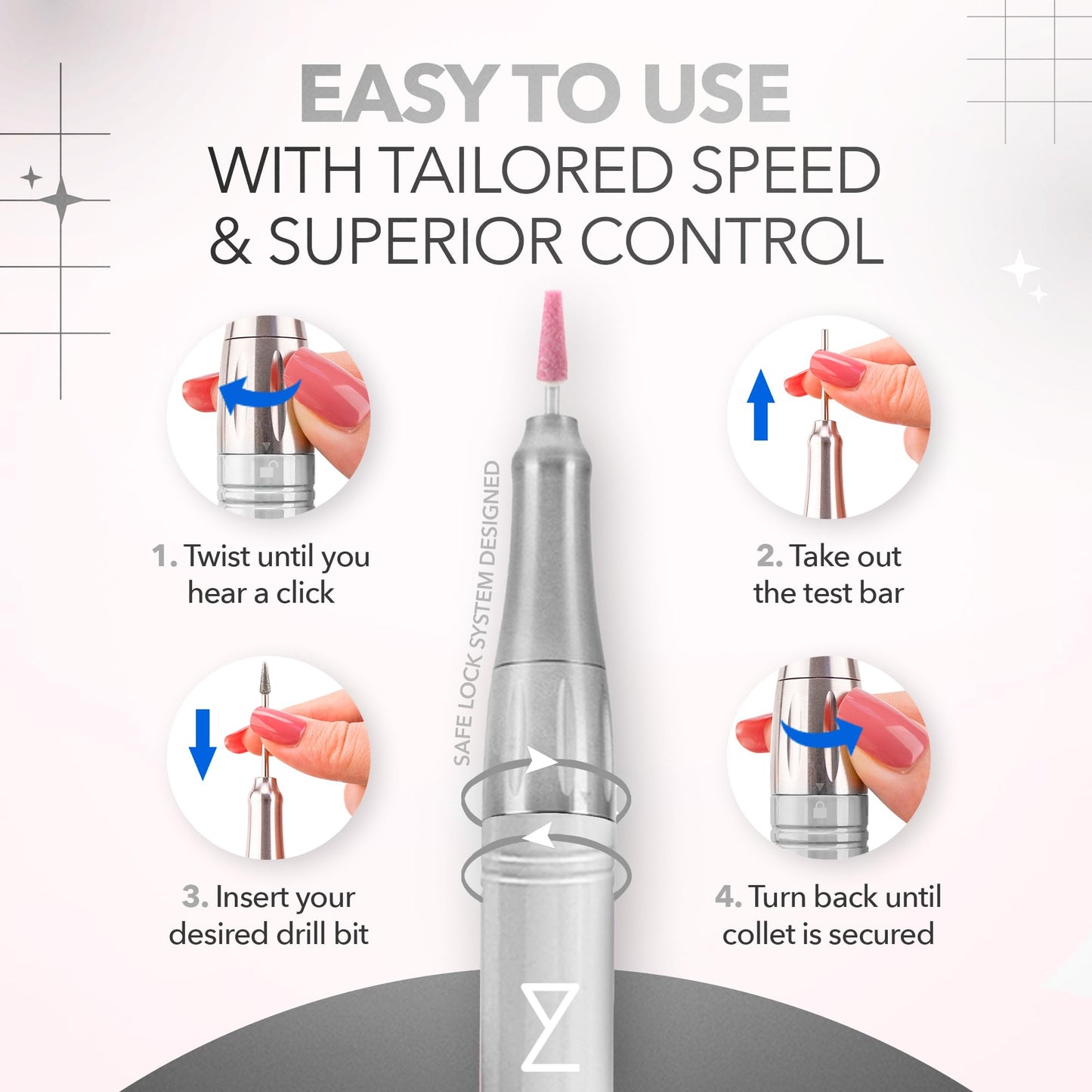 M Mase- Professional Nail Drill Machine - Coreless 2-in-1 Nail File - Electric, Cordless, 35000 RPM, HD Display - Electric Nail Drill for Professional & Home Use (White)