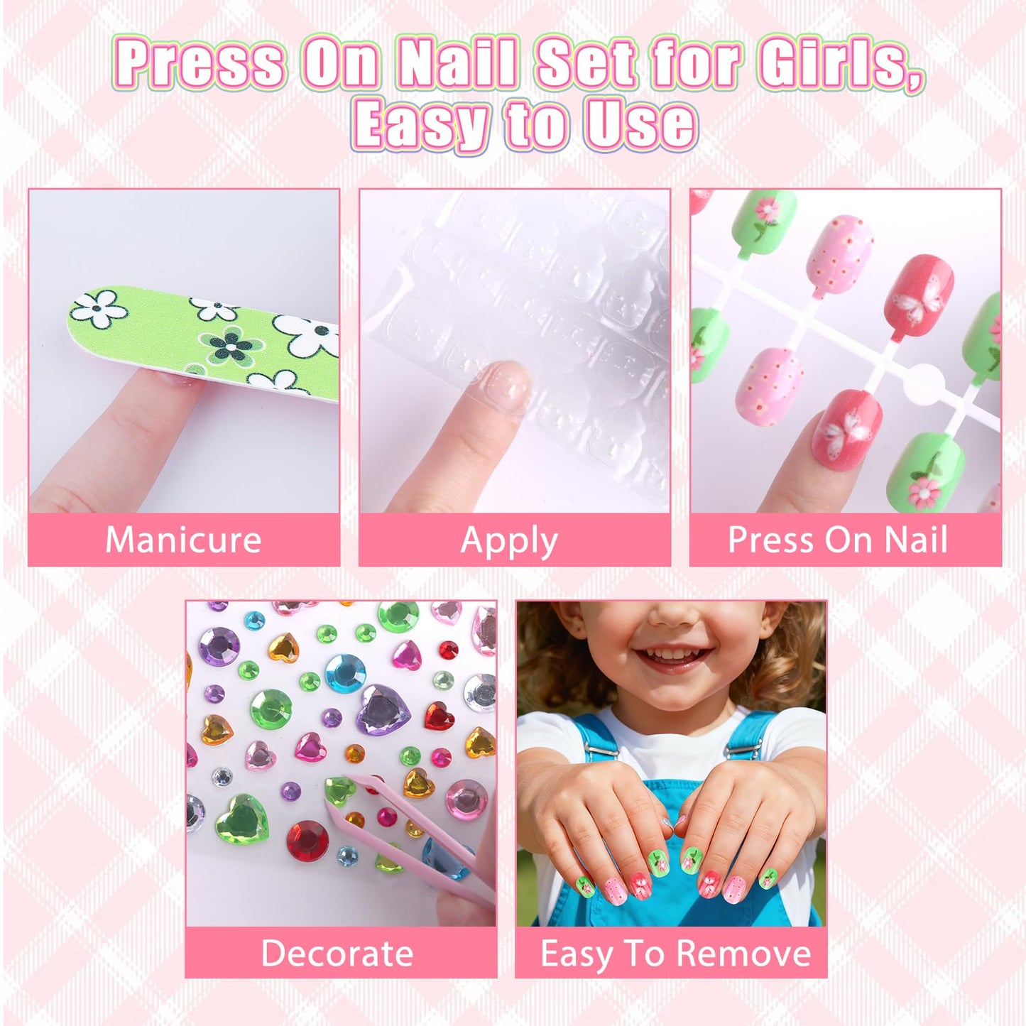 480 Pieces Press on Nails for Kids, EBANKU Girls Fake Nail Kit with Cute Nail Sticker Rhinestones Glitter, Nail Glue & Glue Removal & Sticky Tabs, Toe Separator & Other Manicure Tools w Storage Case