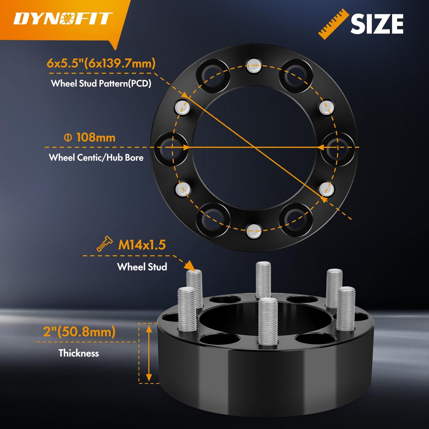 dynofit 6x5.5 to 6x5.5 Forged 2inch Wheel Spacers Adapters for 1999-2025 Silverado Sierra 1500 Yukon 2019-2025 Ram 1500 | Set of 4-Piece Compatible with Chevrolet GMC Cadillac 6x139.7 M14x1.5 Studs