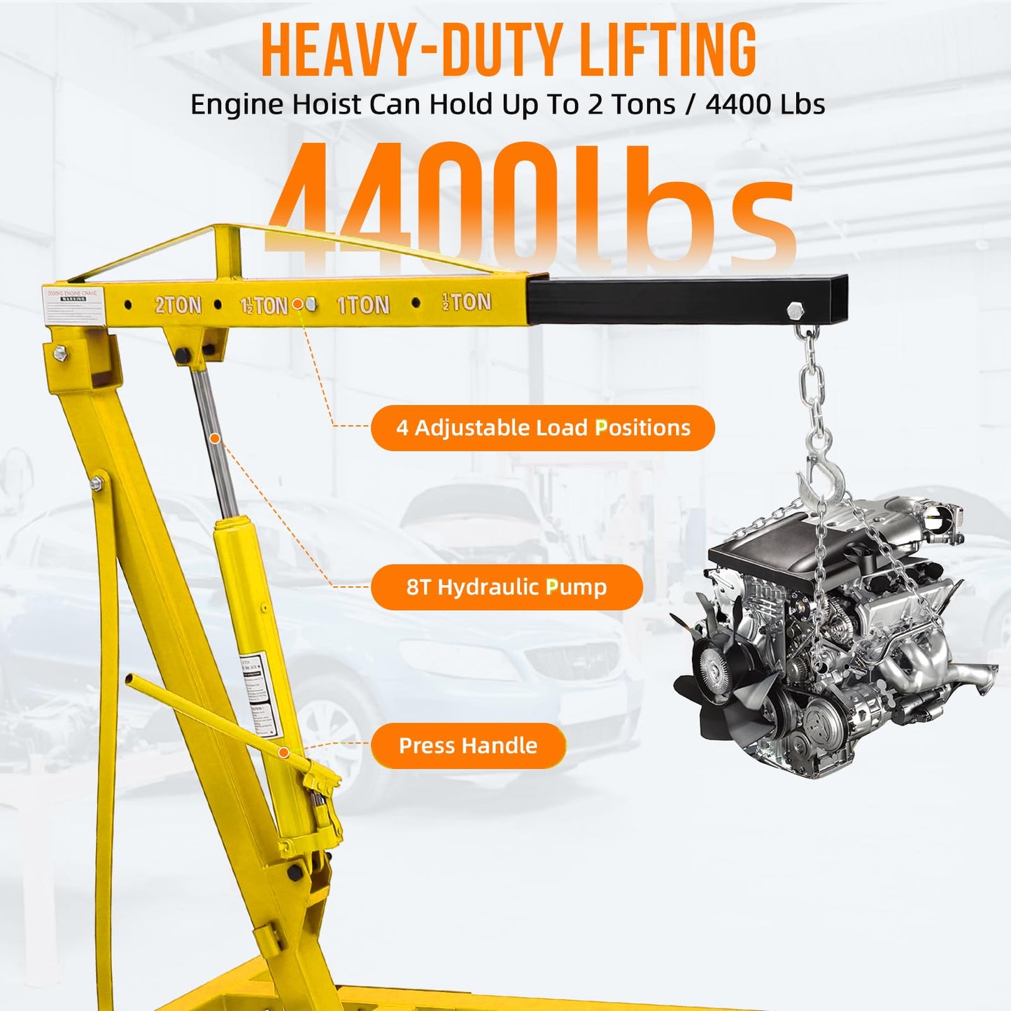 2 Ton Engine Hoist, Hydraulic Cherry Picker Engine Crane, Heavy Duty Folding Shop Crane with 6 Casters, Engine Lift for Garage, Workshop, Yellow
