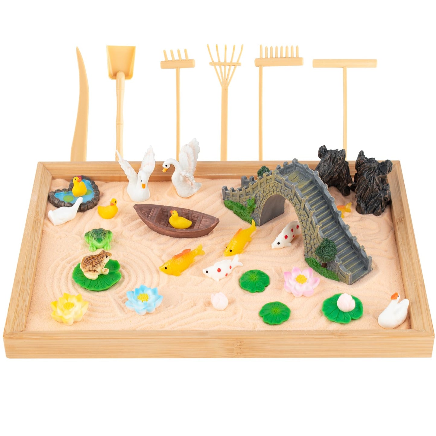 Zen Garden Kit for Desk, Fresh and Vivid Garden Style Sand Tray Therapy kit with Wooden Tray & Rake Garden Accessories, Home, Office Desk&Meditation Room Decorations for Emotional Wellness