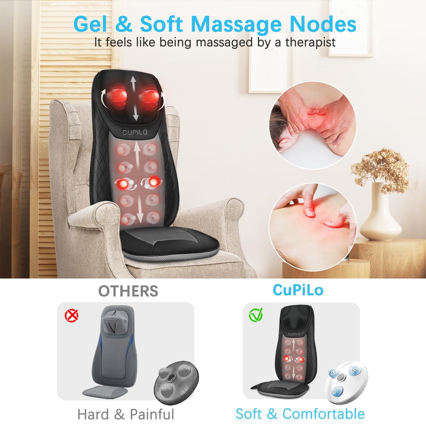 CuPiLo Shiatsu Neck & Back Massager with Heat, Massage Chair Pad Cushion for Stress Relief, Inflatable Flaps Back Support, Kneading or Rolling Chair Seat Massage,Ideal Gifts for Men,Women,Family