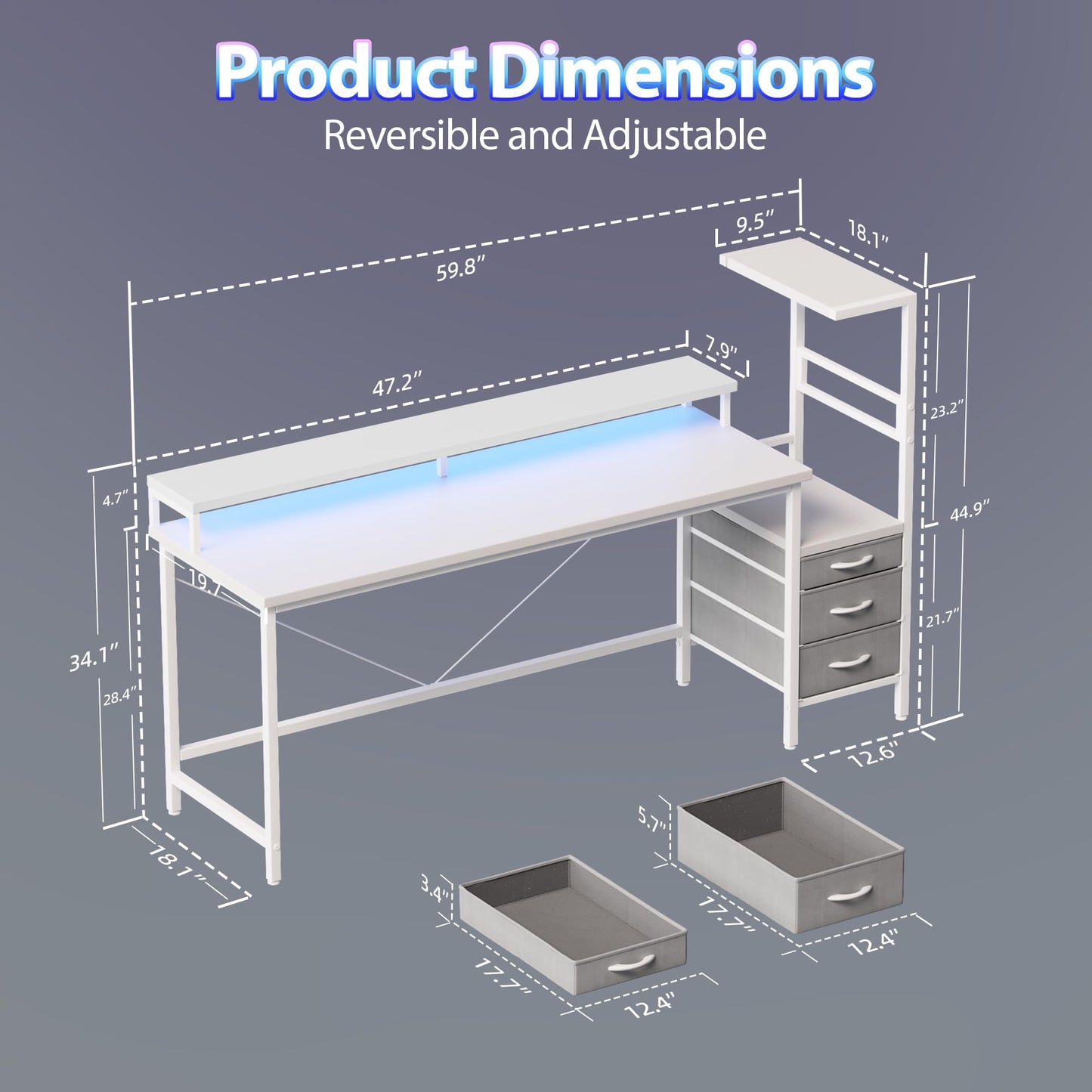 Mericonia Gaming Desk with Storage 60 inch, Computer Desk Gaming with LED Lights & Power Outlets, Reversible Large Gamer Table with PC Case Stand, Fabric Drawers, Office Desk with Shelves