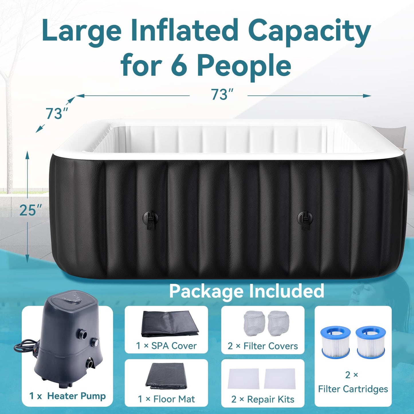 Inflatable Hot Tub, 240 Gal Large Square Portable Blow Up Hot Tub, 4-6 Person Leak-Proof PVC Outdoor Spa with 120 Air Jets, Heater Pump and Insulated Cover, 73x25 Inch