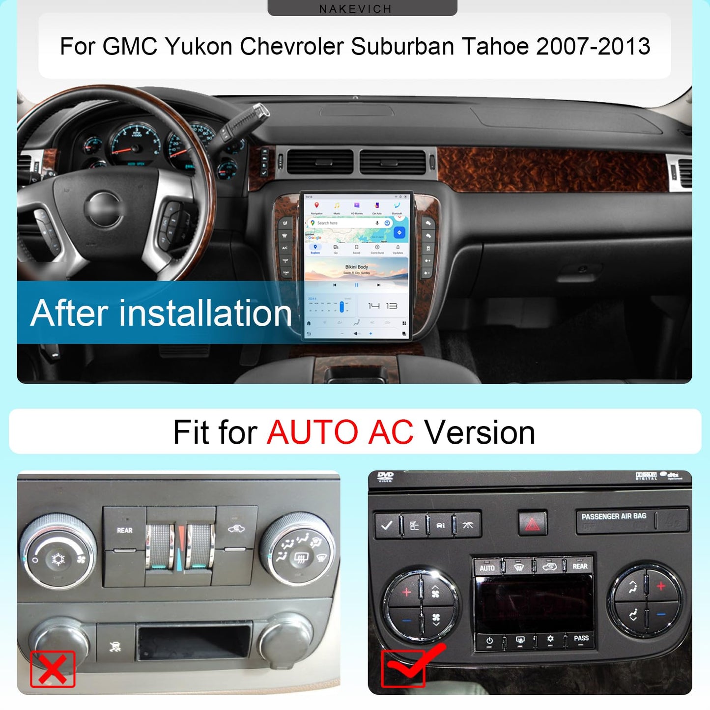 NAKEVICH 13.8 Inch Touch Screen Qualcomm Android Car Radio for GMC Yukon Tahoe Suburban Chevrolet Silverado 2007-2013 Trucks Stereo Upgrade Tesla Style Head Unit Multimedia Player GPS Navi (Auto AC)