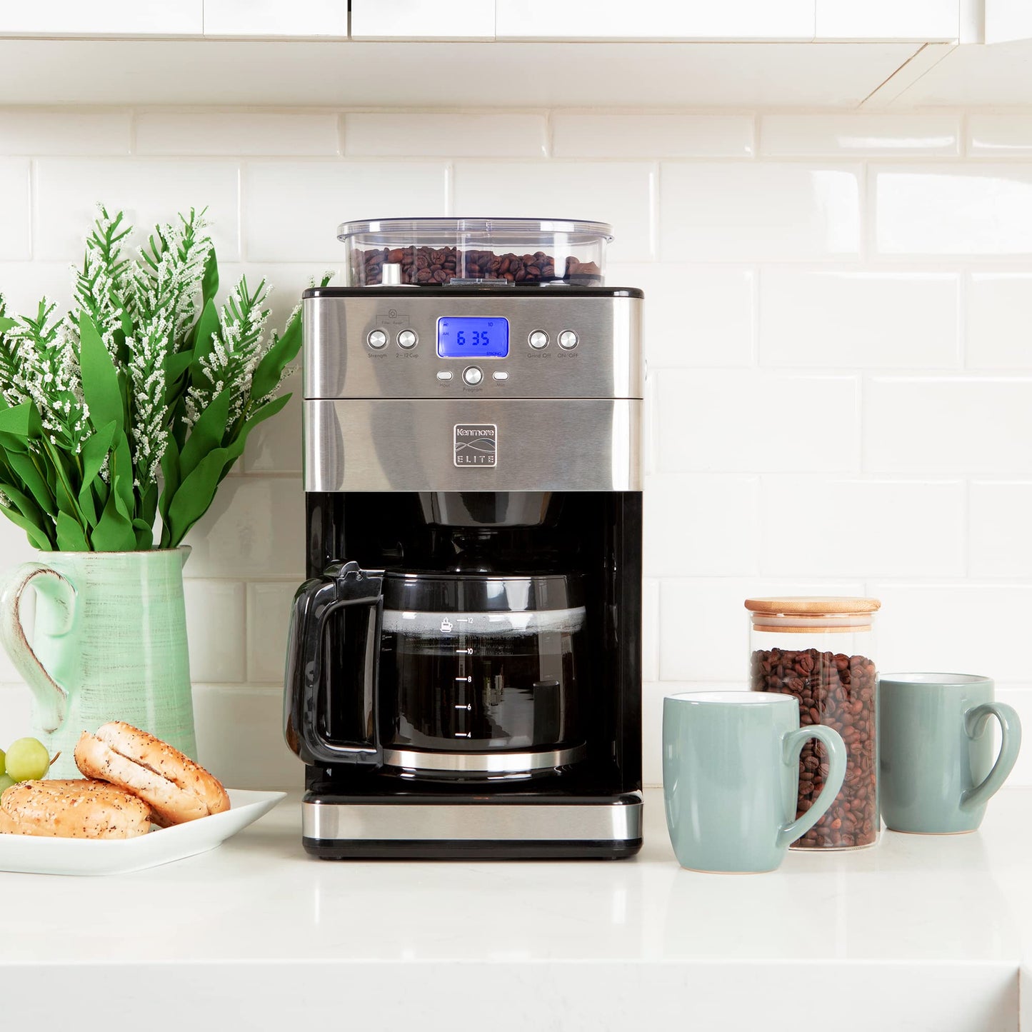 Kenmore Elite Grind and Brew Coffee Maker with Built‑In Burr Grinder, Automatic Drip Machine, 12‑Cup Programmable Brewer, Bean‑to‑Cup Cafetera, Stainless Steel Coffee Maker for Home & Office
