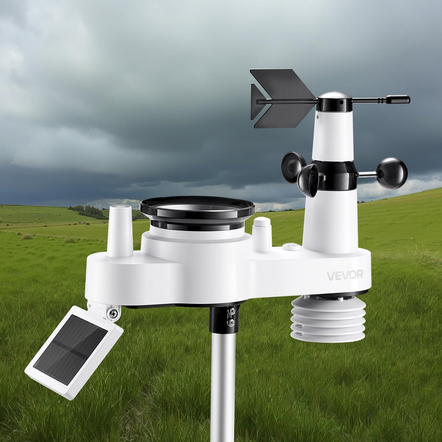 VEVOR 7-in-1 Wi-Fi Weather Station, 7-Inch TFT Display, Wireless Solar Powered Outdoor Sensor, Rain Gauge, Indoor Outdoor for Weather Forecast, Wind Speed Direction, Temperature, Humidity, Rainfall
