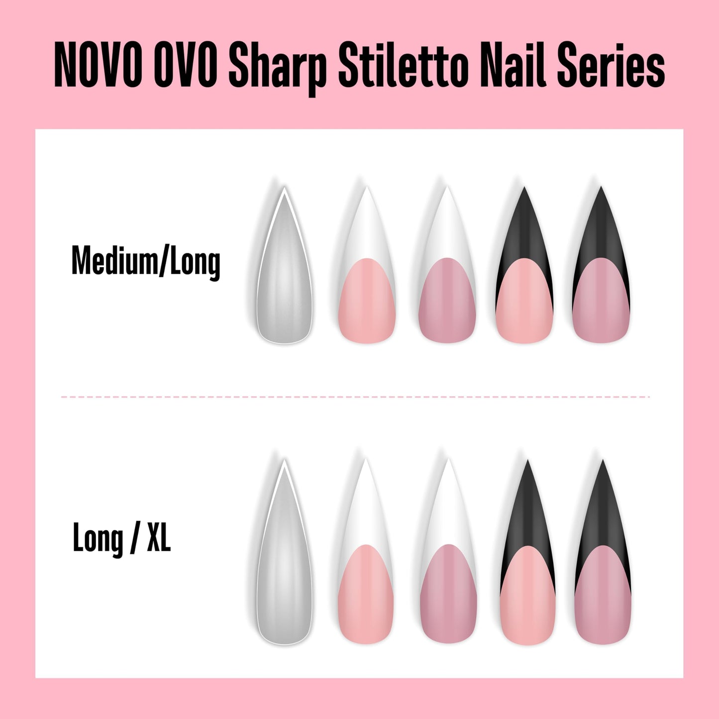 NOVO OVO White French Tip Sharp Stiletto Pointed Medium Long Nail Tips Press on Baby Pink, Soft Gel Fake Acrylic Extension, Full Cover False Nails for Salon DIY x 16 Sizes 160 pcs